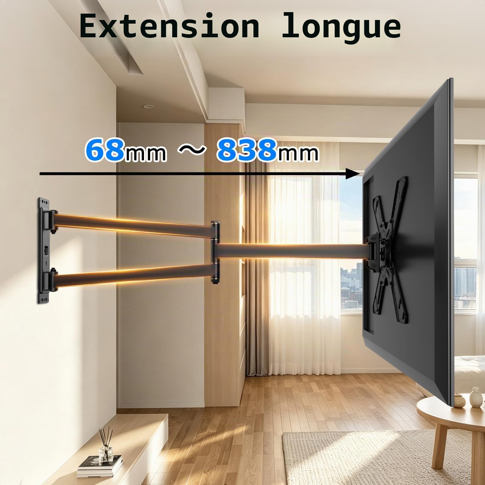 FORGING MOUNT Support TV Mural 32-75'', Support Télévision Rotation 90° | Fixation Murale TV à Longue Portée 838 mm, Mouvement Complet, Orientable et Inclinable, Charge Max. 50kg, Max VESA 600x400mm