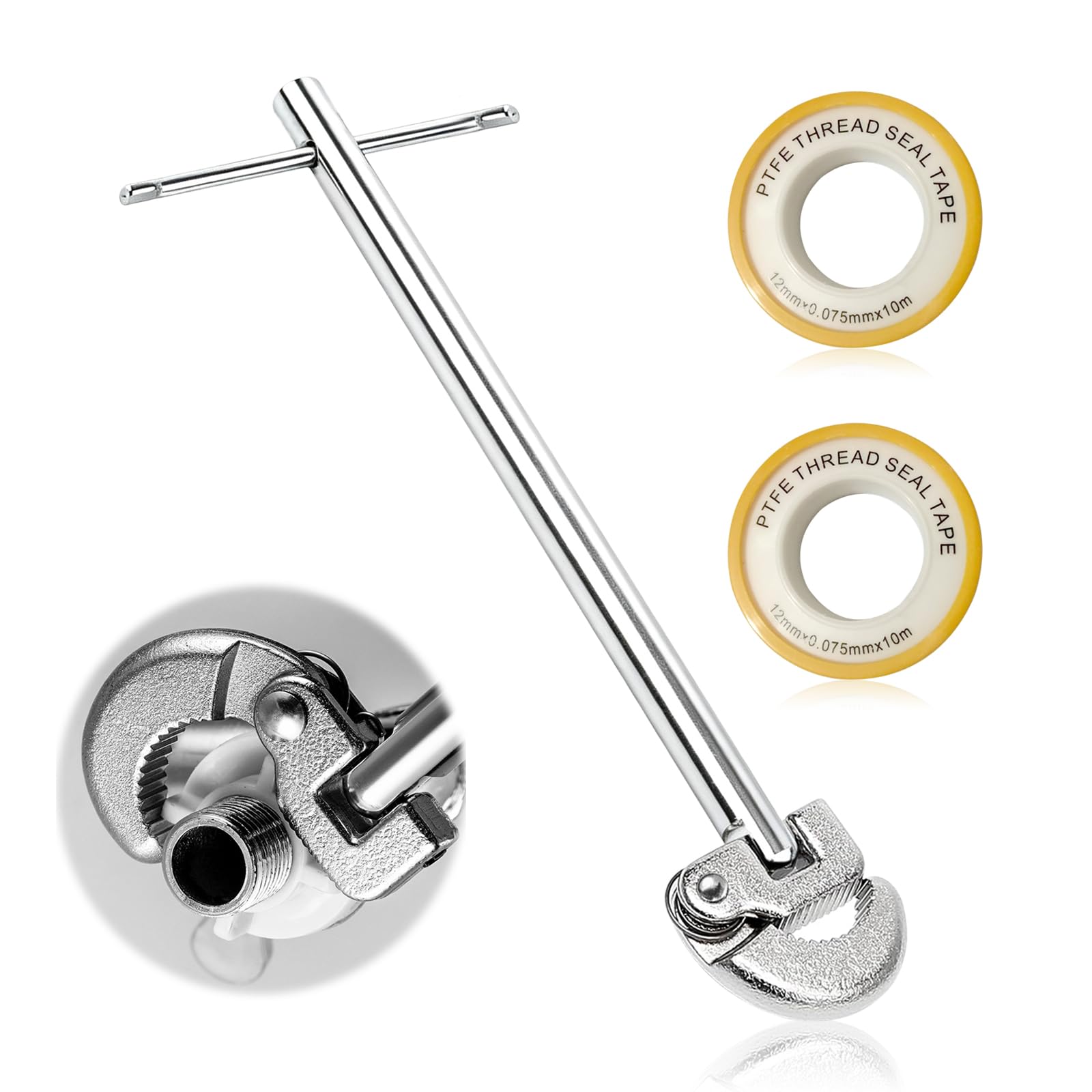 JWHJD 11" Basin Wrench 8-28mm, Adjustable Sink Wrench Sink Tap Spanner Heavy Duty Tap Nut Spanner with PTFE Tape for Tight Space Fixing Back and Union Nuts