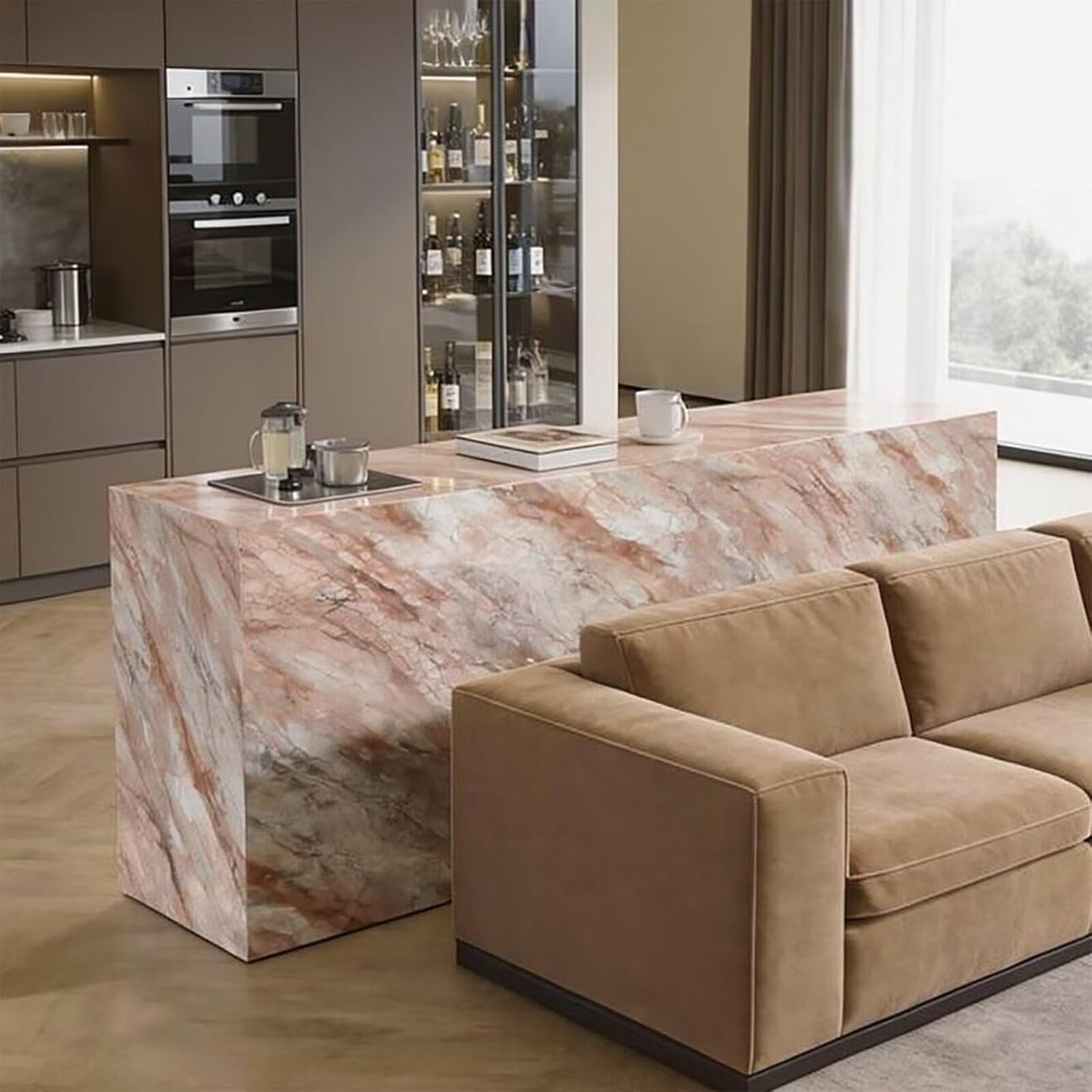 Bar Table - High Top Island Table with Marble Look,Wooden Living Room Tall Bar Counter Includes Wide Surface for Living Room (72IN No Chairs)
