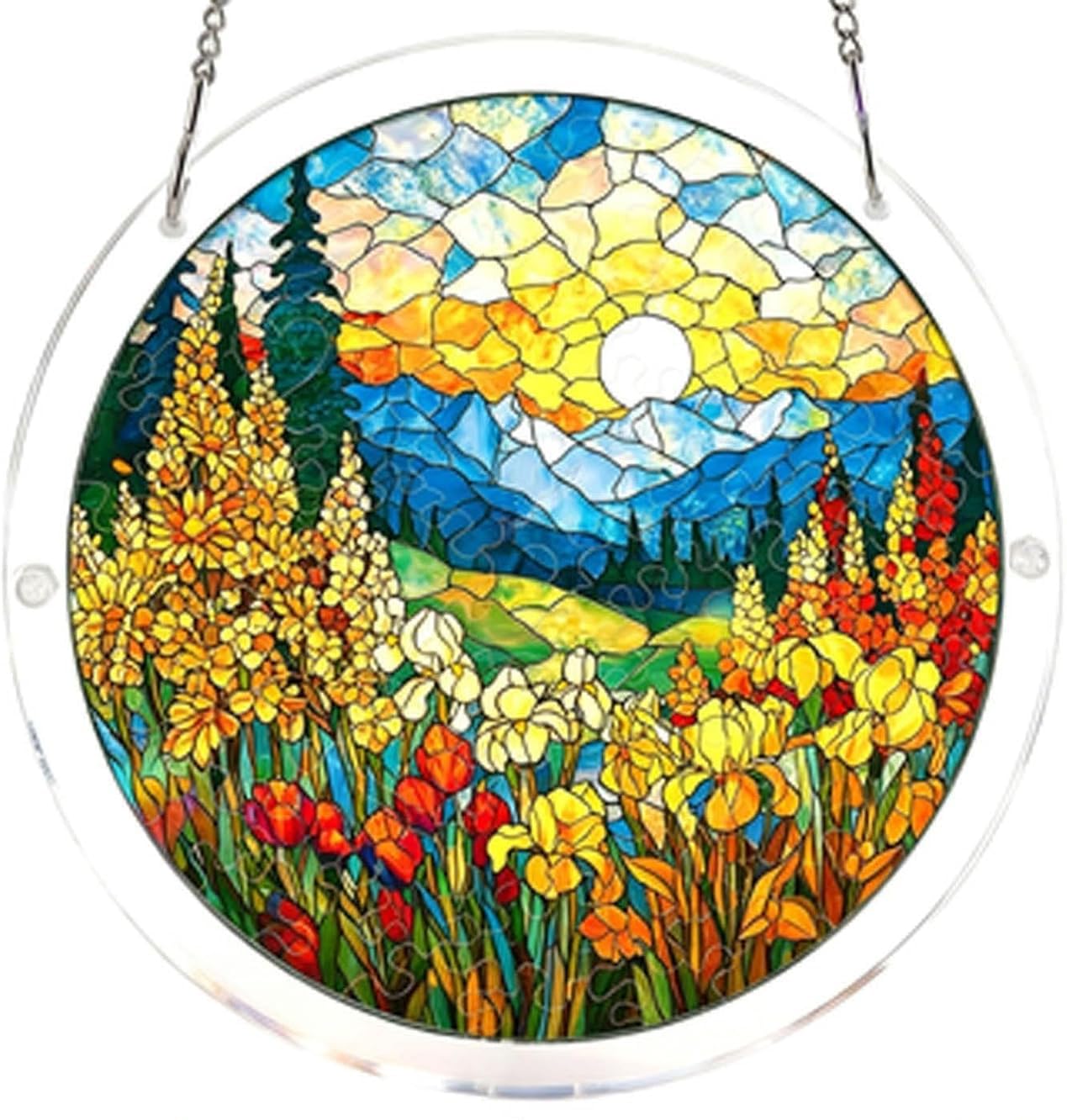 Flower Field Sunset- Acrylic Jigsaw Puzzles Suncatcher, 8.2 Inch Window Hanging Suncatcher Acrylic Puzzle, DIY Home Decor Art Gift