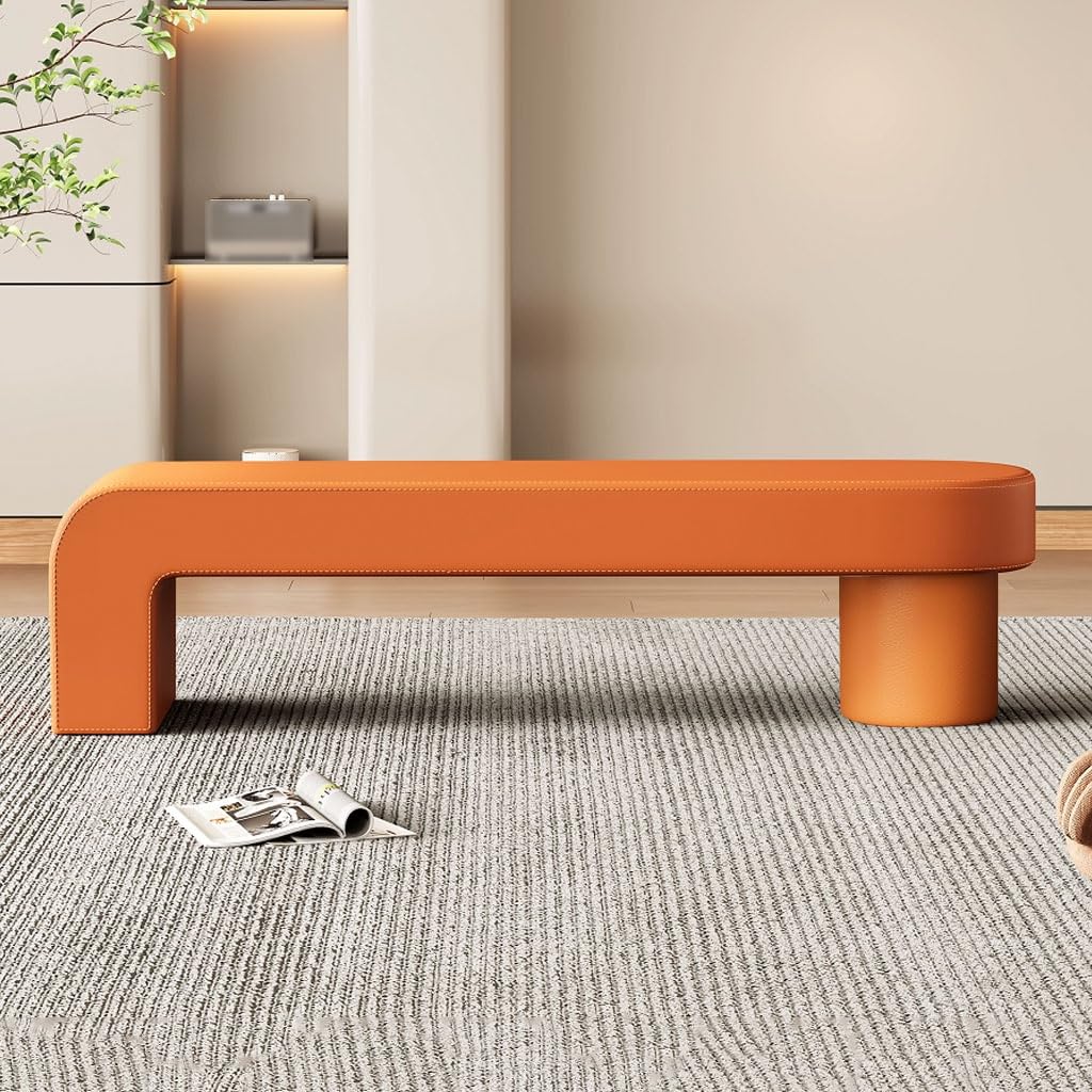 Banc ottoman en cuir haut de gamme orange 80 cm meuble de salon