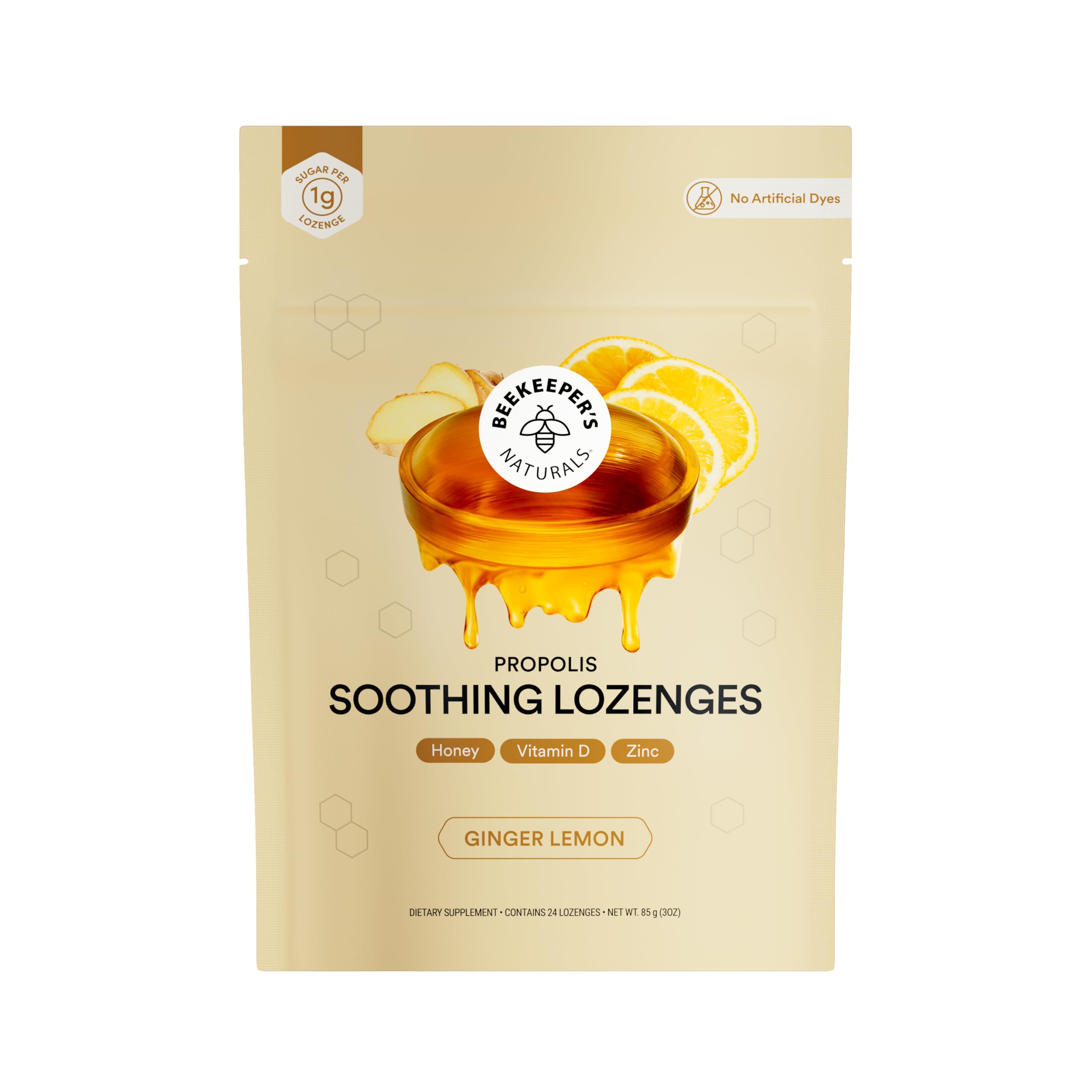 Beekeeper's Naturals Throat Soothing Honey Cough Drops, Lemon Ginger 24 Ct