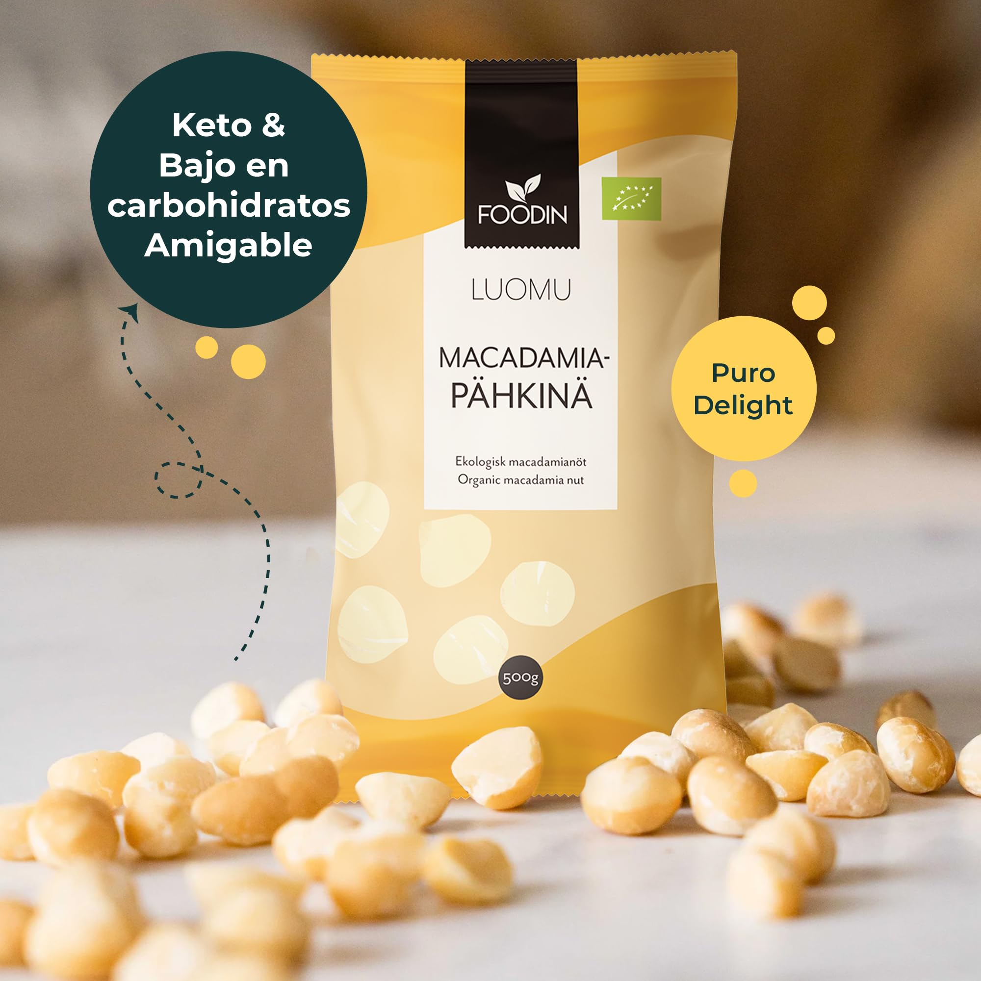 FOODIN Nueces de Macadamia Orgánicas 1 kg (2 x 500 g) – Crudas, Sin Gluten, Veganas, Keto – Frutos Secos Naturales para Snacks, Cocina y Postres