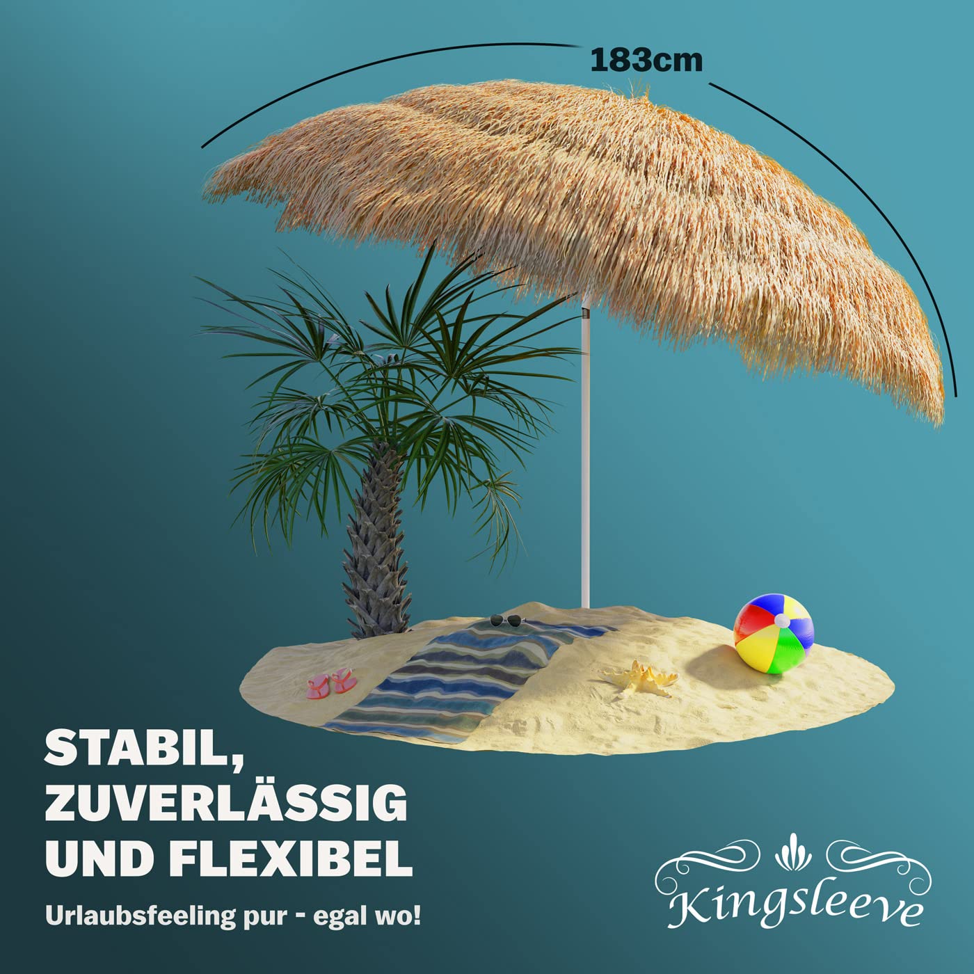 Kingsleeve® Sonnenschirm Hawaii Ø160cm Neigbar Höhenverstellbar UV Schutz 30+ Groß Rund Balkon Strand Strohschirm Strandschirm Bast Hawaiischirm Braun