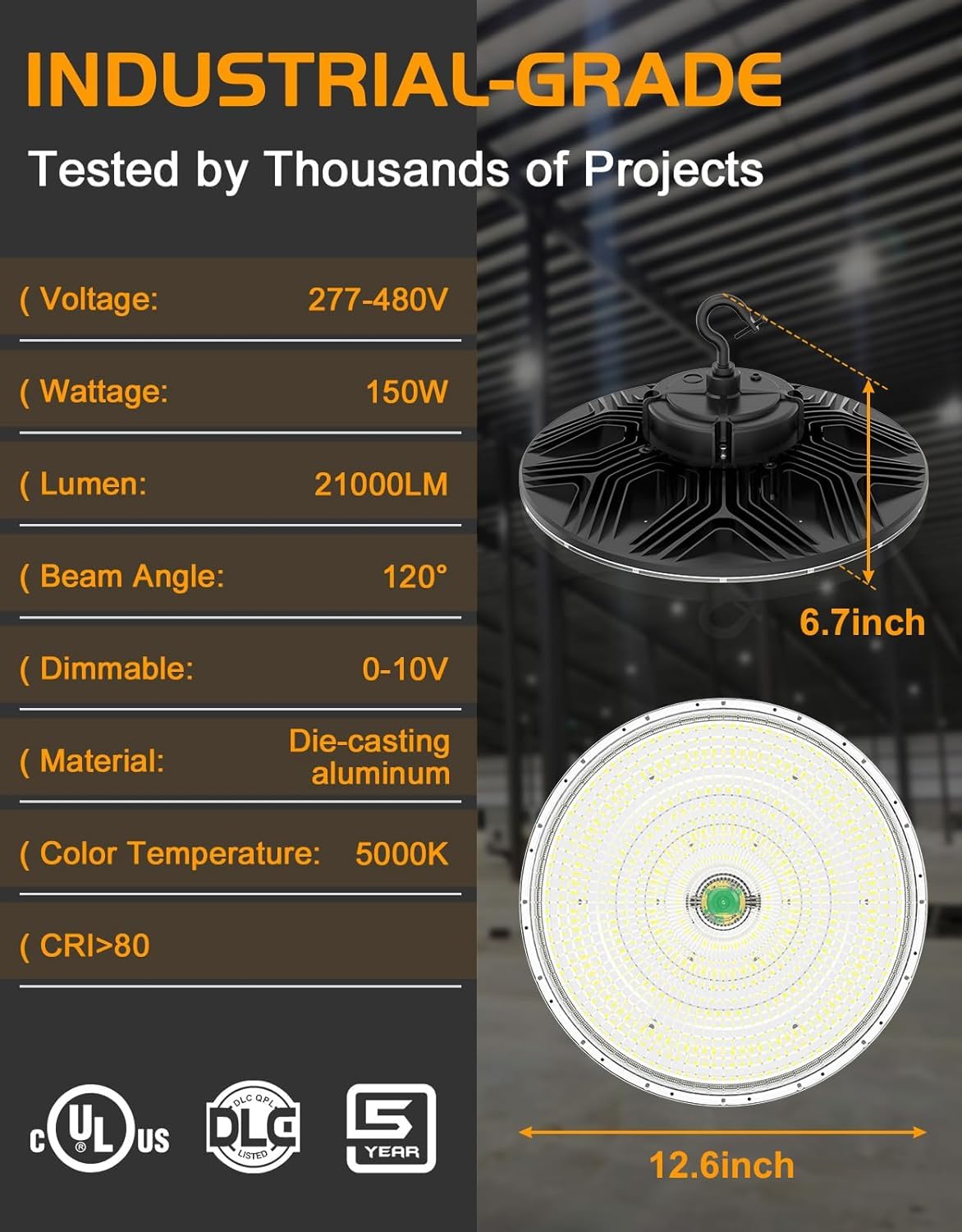 480V UFO LED High Bay Light 150W 120W 90W Adjustable UL DLC Listed 5000K Daylight 21000LM 0-10V Dimmable — view 2