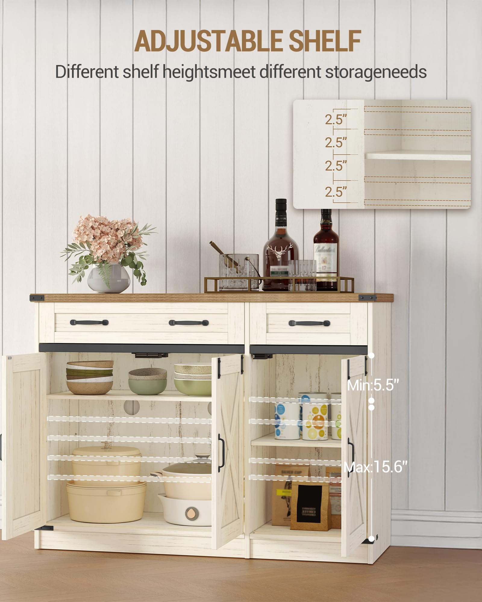 Hzuaneri Armario de Cocina, Aparador Cocina, Armario de Almacenamiento con 2 Cajón, 3 Puertas, Estantes Ajustables, 40 x 108 x 80 cm, Blanco Rústico y Marrón Miel SC85814X