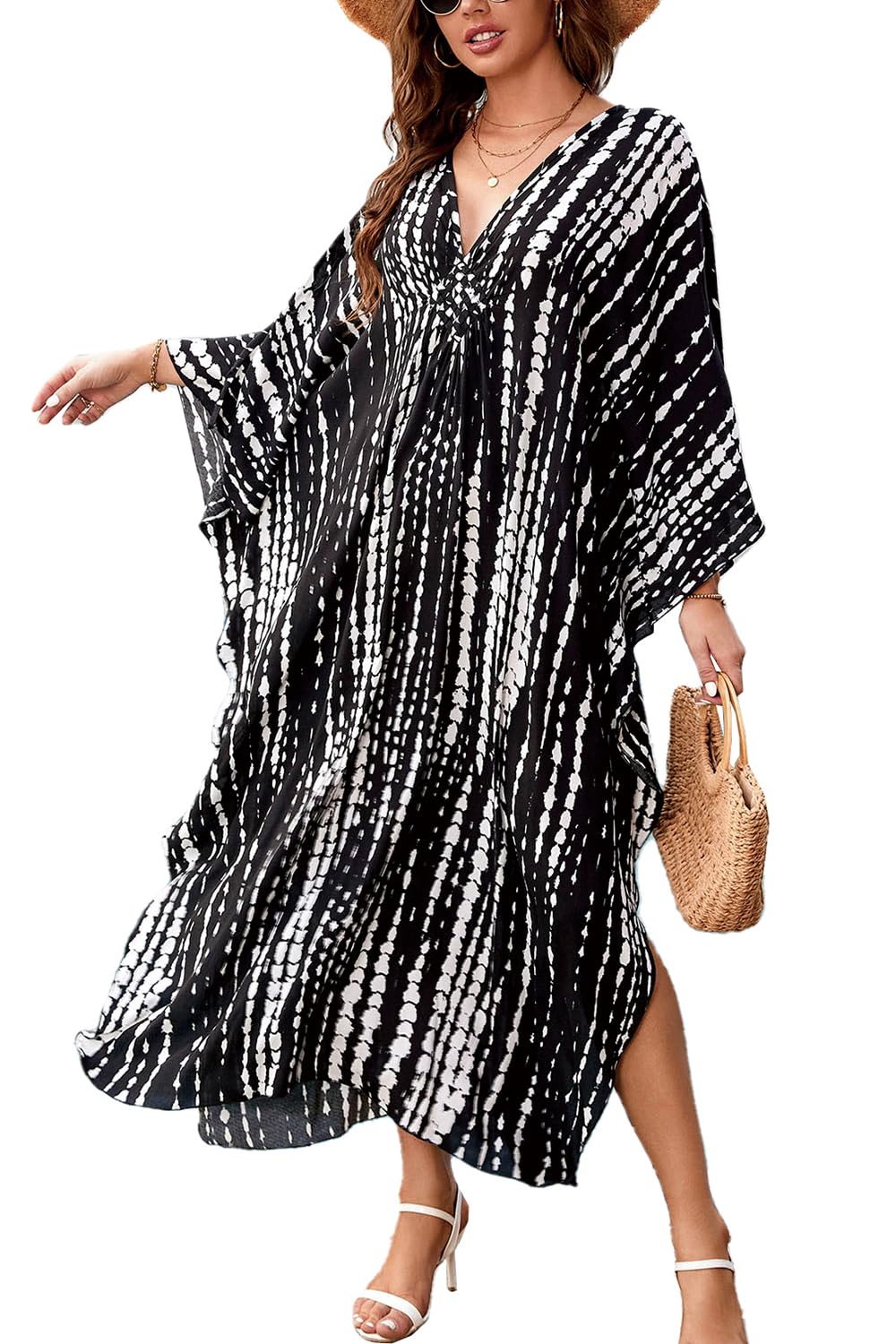 LikeJump Women's Cotton Print Kaftan Swimsuit Kimono Cover Up Loose Beach Robe Maxi Dress
