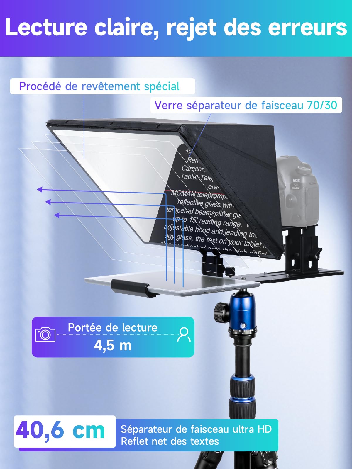 Moman MT16 Prompteur téléprompteur 16" compatible avec iPad/tablette/smartphone avec application et enregistrement à distance des appareils photo reflex numériques/caméras vidéo, prompteur vidéo