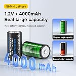 Premium Rechargeable C Battery with Charger, 6 Packs High Capacity 4000mAh 1.2v NiMH C Size Batteries with Universal Battery Charger for AA AAA 9V D C Rechargeable Batteries