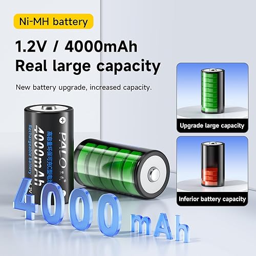 Miniatura 3 de Palowextra Baterías C recargables de alta calidad, paquete de 6 baterías NiMH de alta capacidad de 4000 mAh 1.2 V (batería de tamaño C)