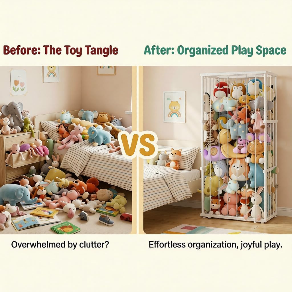 Large Metal Stuffed Animal Storage Zoo, Metal Stuffed Animal Holder Organizer with Elastic Cord, Space-Saving Toy Storage for Nursery, Playroom & Bedroom, White