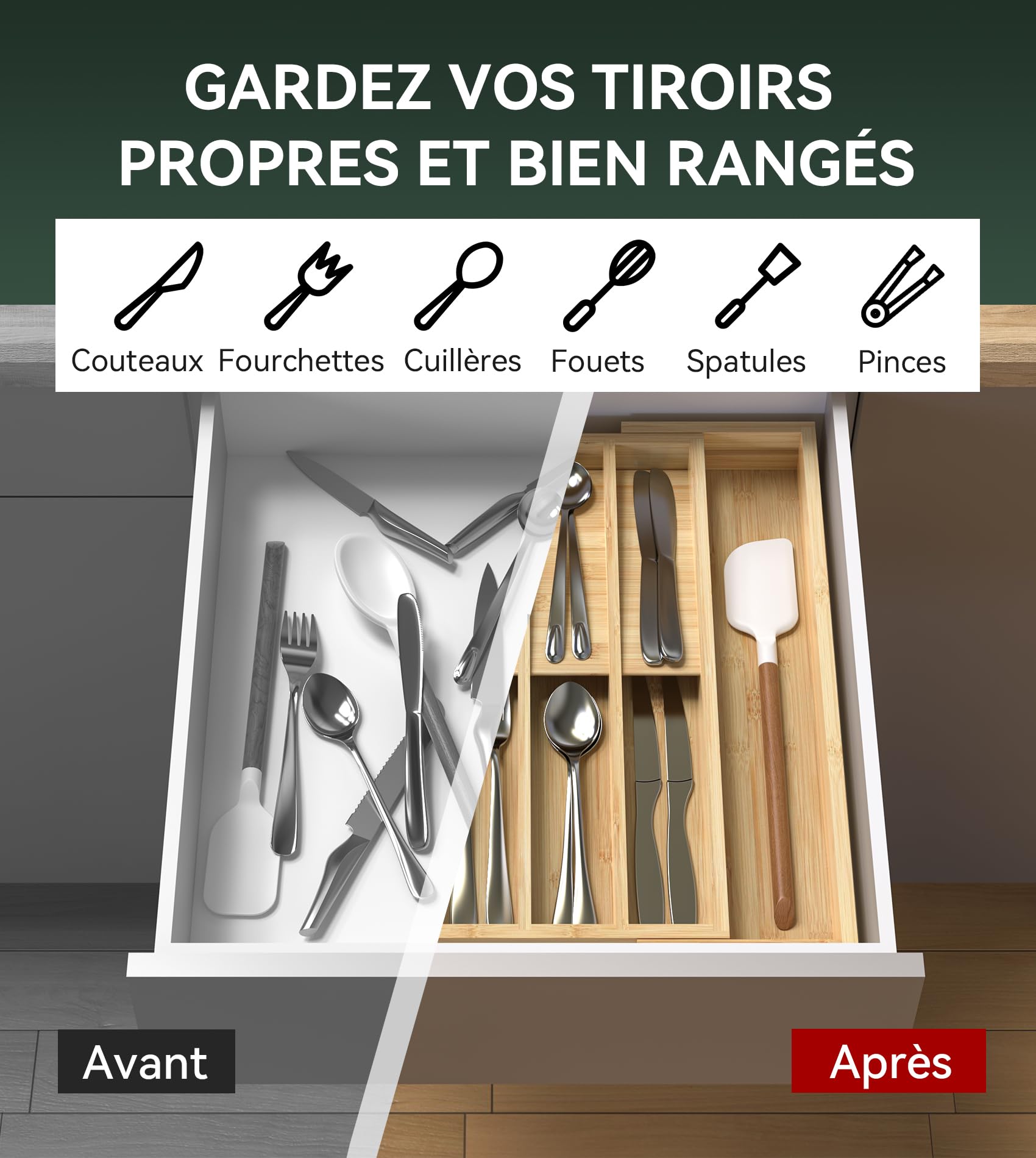 WELL WENG Range Couverts Extensible pour Tiroir en bambou