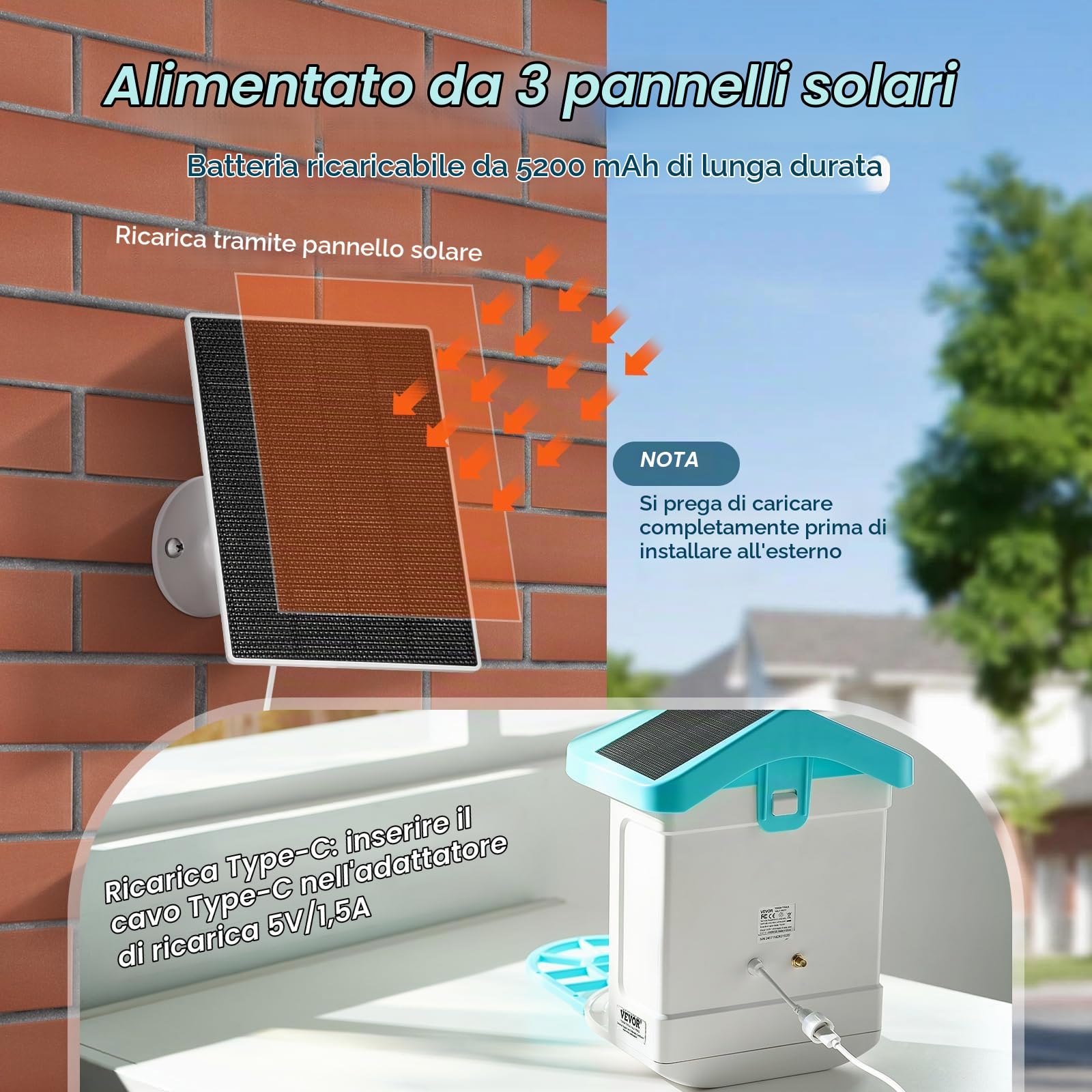 VEVOR Mangiatoia per Uccelli Intelligente con Telecamera, 2K HD AI Identifica Oltre 10000 Specie di Uccelli, Energia Solare con Acquisizione Automatica e Notifica Istantanea, 3 Pannelli Solari