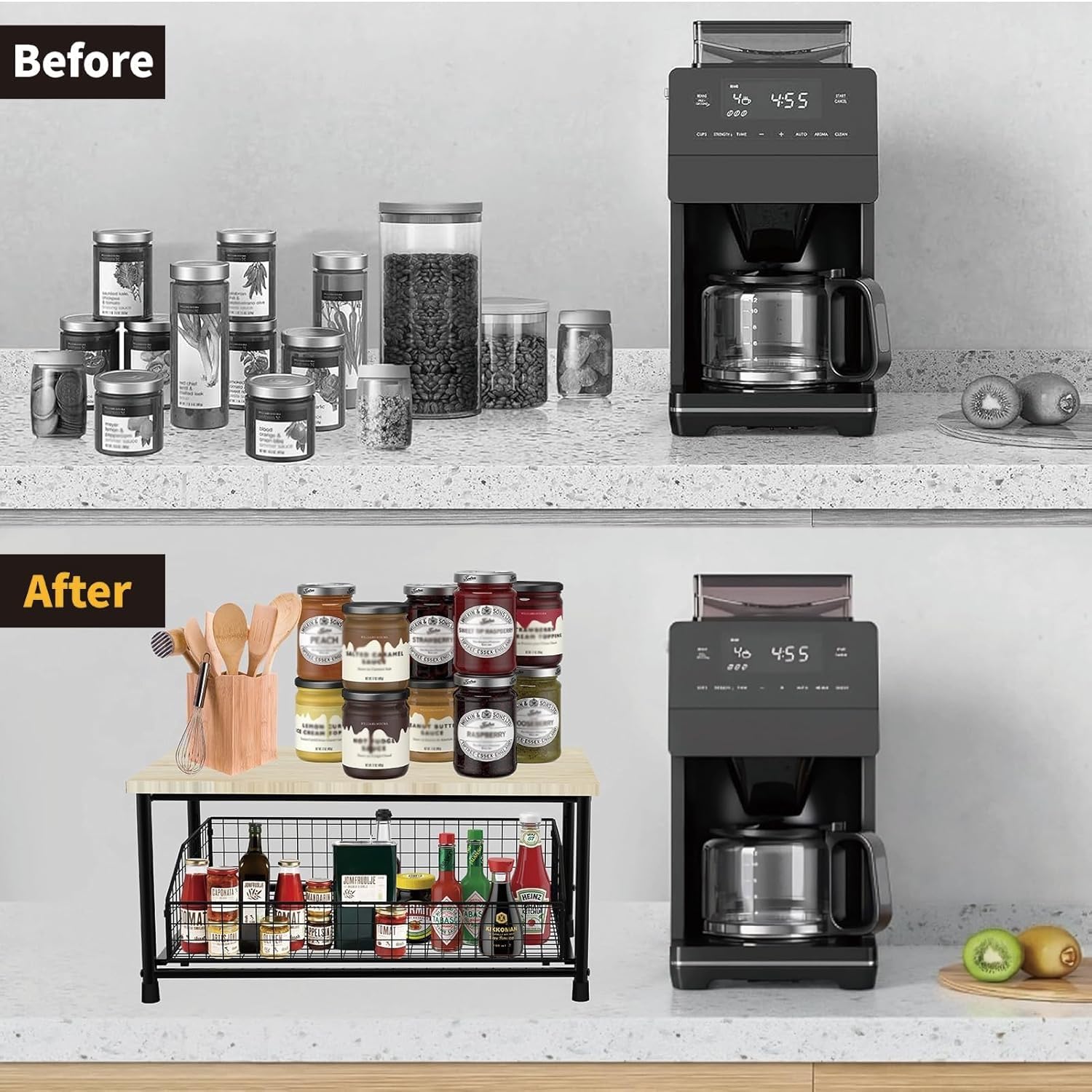 Carro de Cocina de Dos Niveles Organizador para máquina de café con cajones deslizantes Estante de Almacenamiento para encimera Soporte para microondas de Oficina en casa(Black)