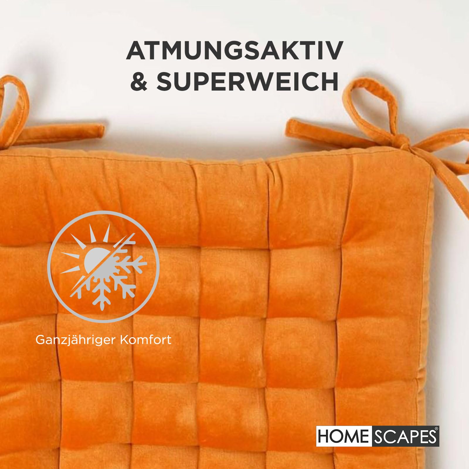 Homescapes 4er Set Sitzkissen Samt orange – Stuhlkissen 40x40 mit Bändern, Sitzauflagen Baumwollsamt, bequem, weich & Oeko-TEX-Zertifiziert