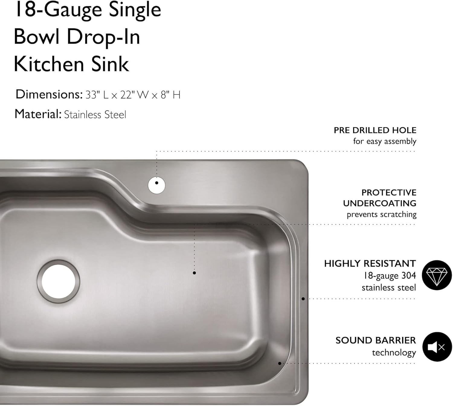 Sleek 33" Stainless Steel Single Bowl Kitchen Sink