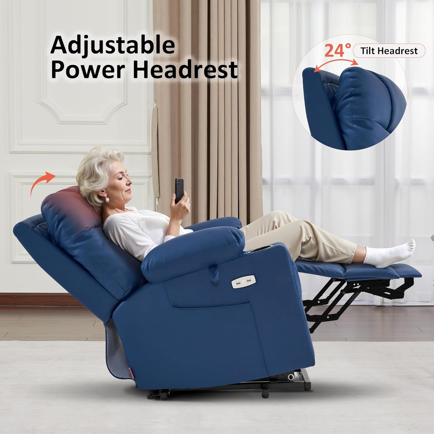 MCombo Small Power Lift Recliner Chair Sofa with Massage and Dual Heating, Adjustable Headrest for Elderly People Petite, USB Ports, Faux Leather 7111 (Blue)