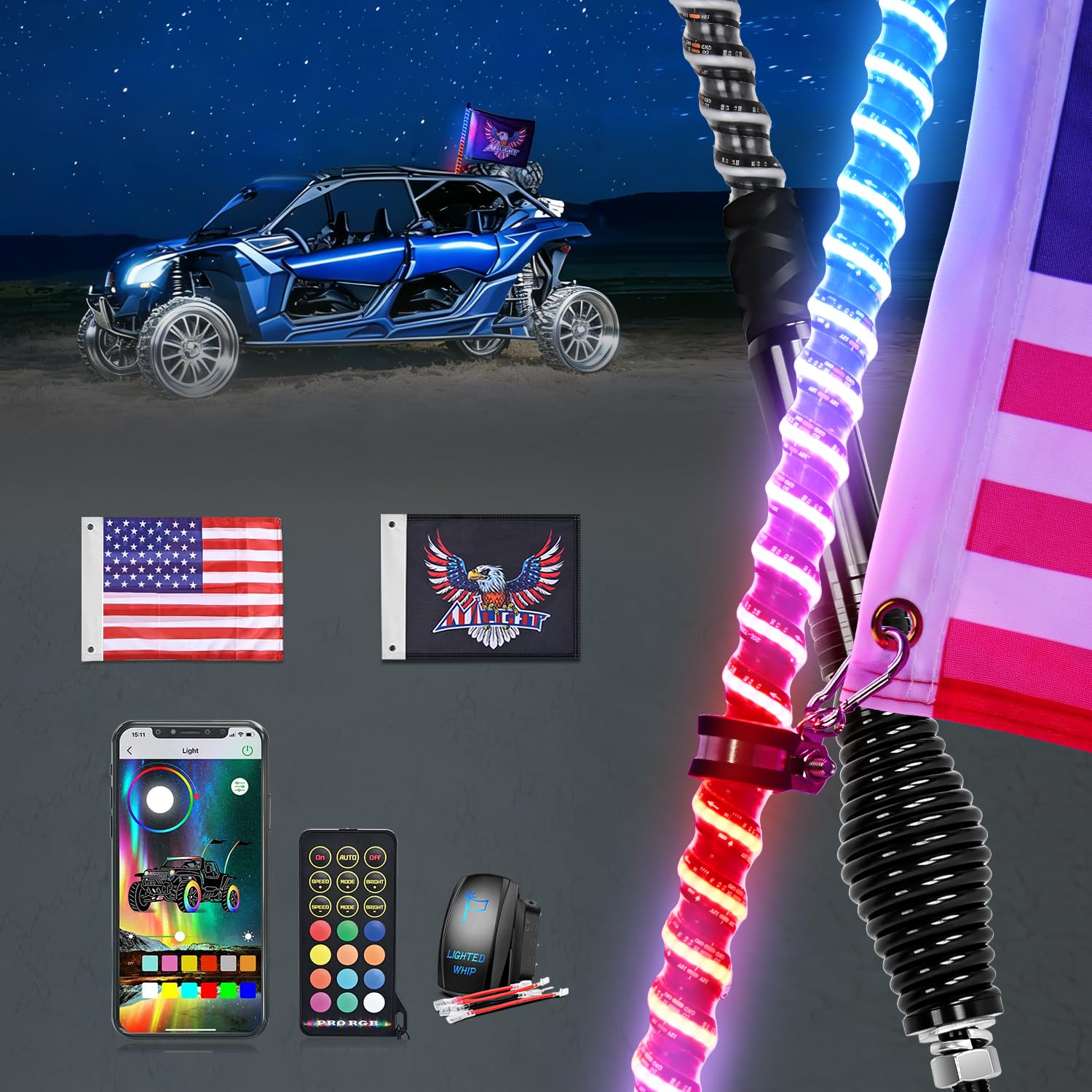 Nilight COB RGB LED Whip Light 1PC 2FT Spiral Antenna Whips