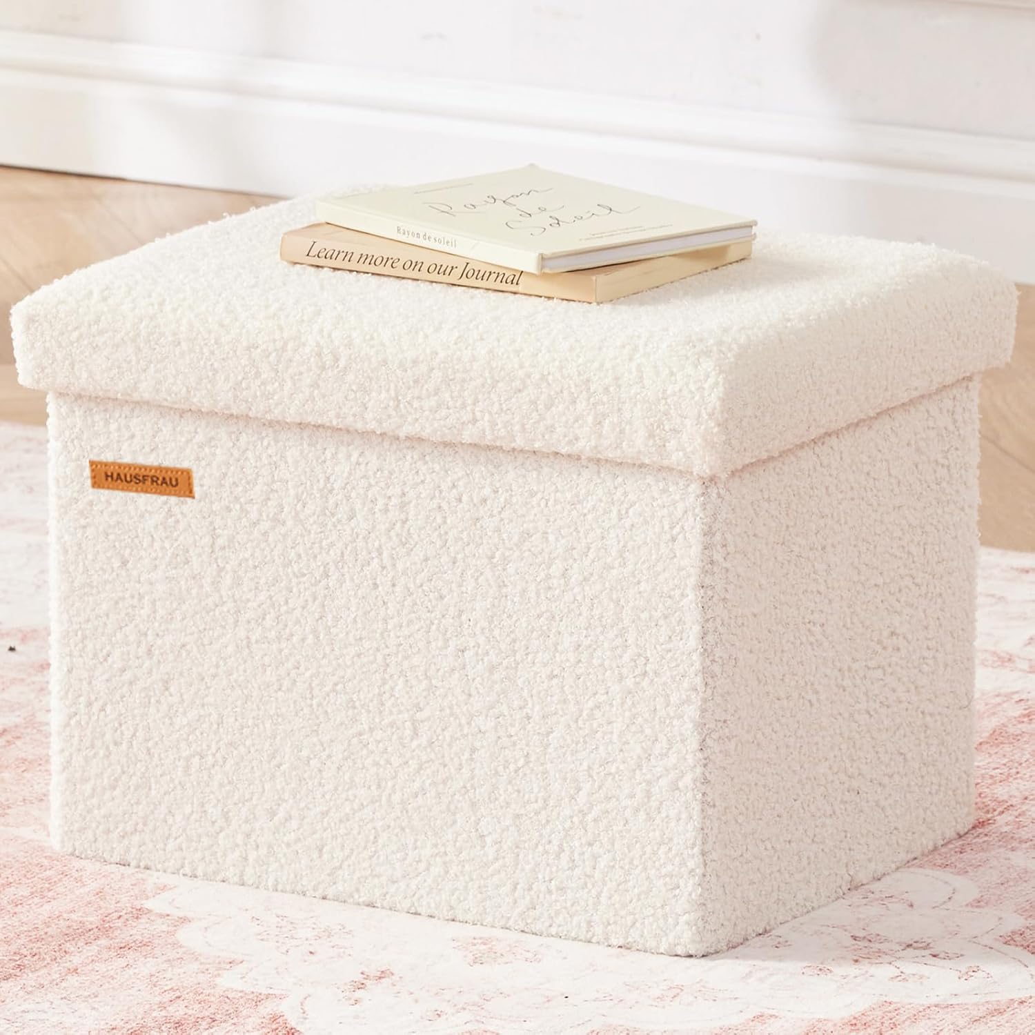 HAUSFRAU Ottoman with Storage, Sherpa Folding Storage Bench Foot Rest, Modern Upholstered Seat for Living Room, Entryway, Bedroom, Yellow