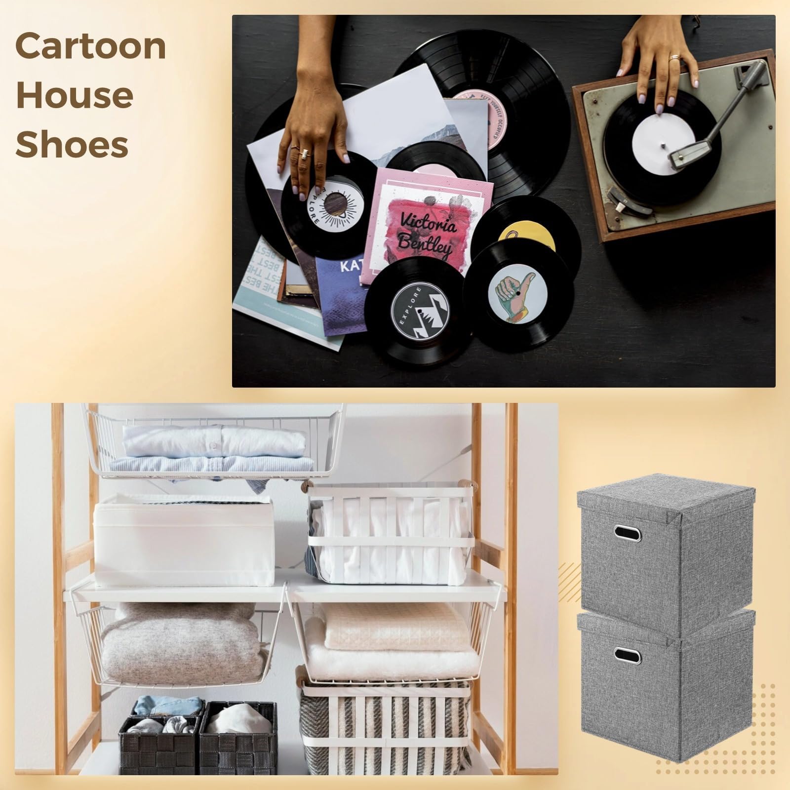 Set di 2 contenitori per dischi in vinile, 33 x 33 x 33 cm, può contenere fino a 50 litri, casse in tessuto con coperchio per album e traslochi