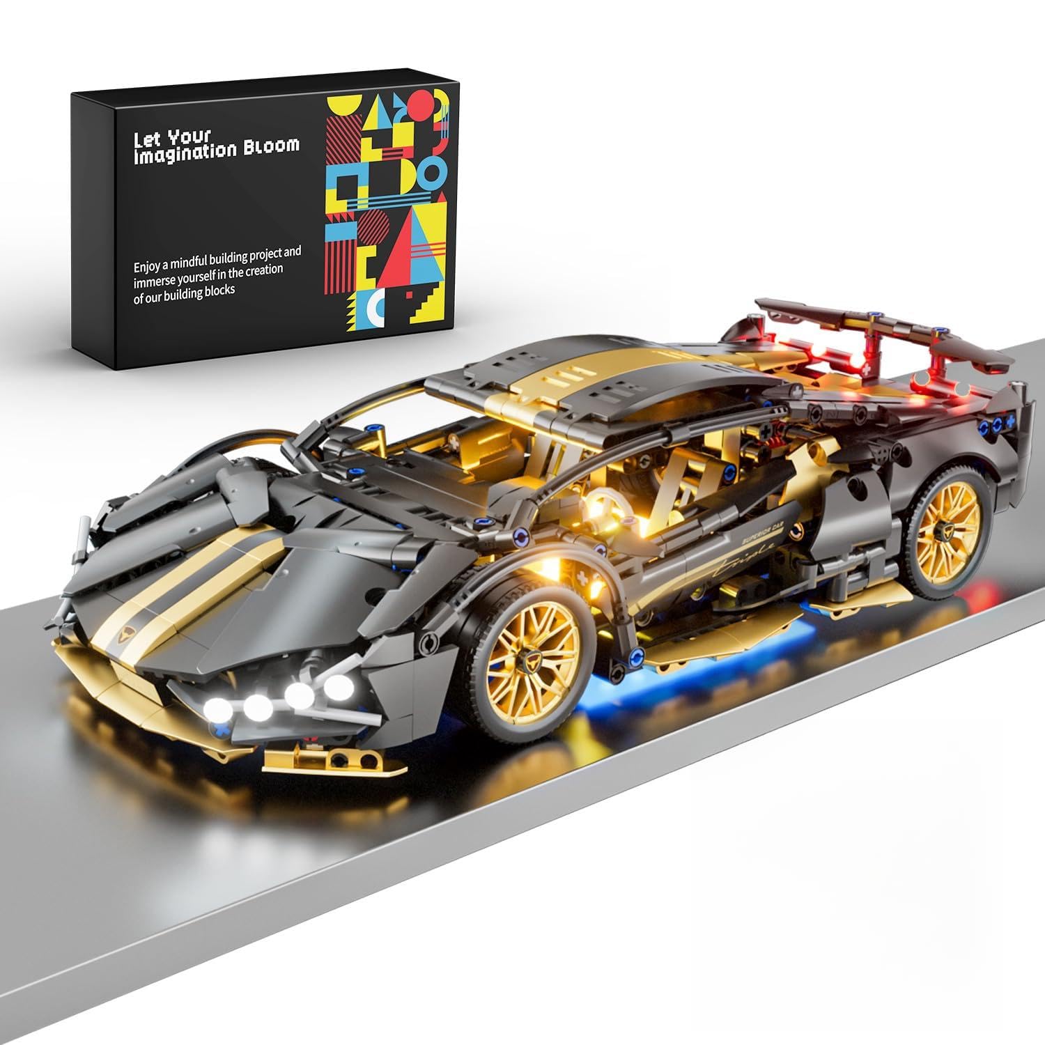 PinkBee Sport Car Building Block Sets for Adults,1:14 Technical Race Car with LED Collectible Model Scale Engineering Toys for Boys Men Teens Black