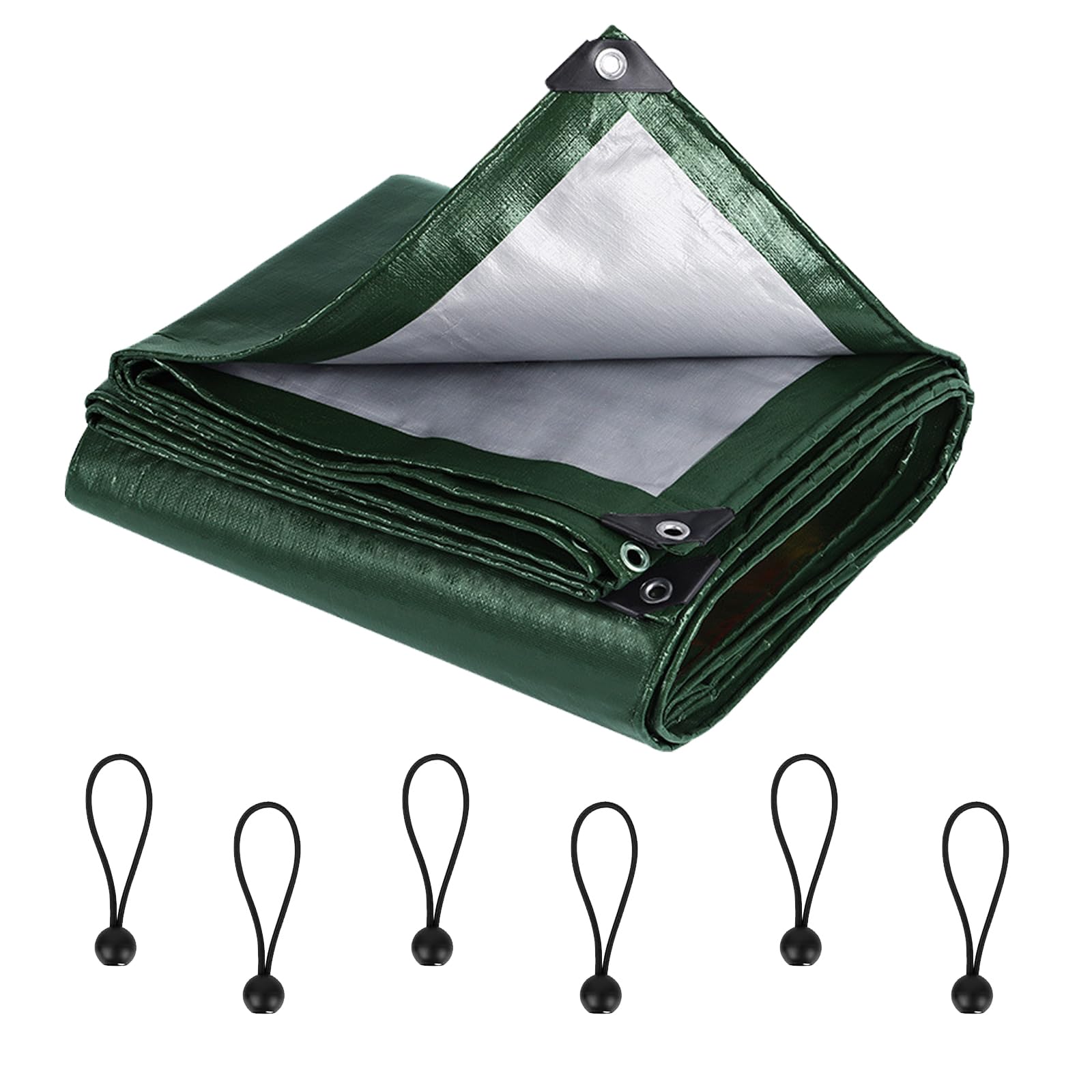 110GSM Tarpaulin Waterproof Heavy Duty,2m x 3m Large Green Heavy Duty Tarpaulin Waterproof,& 6pcs Bungee Balls,With Reinforced Eyelets,Tear Resistant PE Tarpaulin Sheet,for Camping Garden Furniture