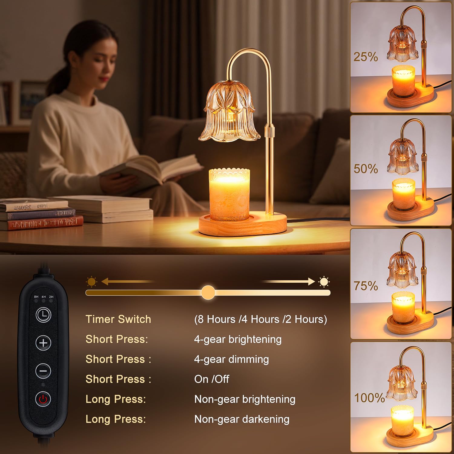 Candle Warmer Lamp with Timer - Adjustable Height Electric Candle Warmer Lamp with Dimmer, Flower Glass Shade Wax Melt Warmer with Wood Base, Dimmable Halogen Candle Warmer for Jar Candles Home Decor - 4