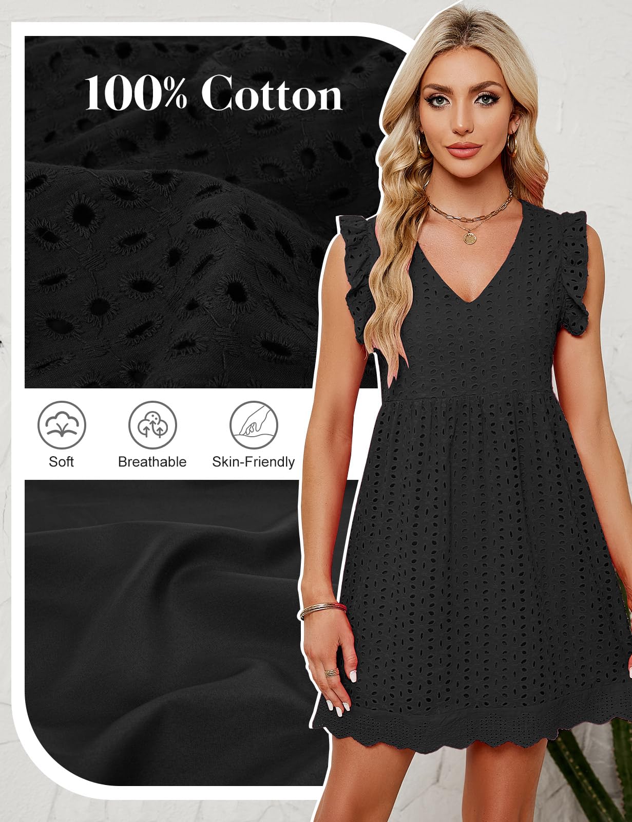 heekpek Abito Estivo Donna Scollo a V Vestito Corto Donna Cotone Senza Maniche con Volant Abiti Leggero Jacquard Abito a Canotta Casual Abito Mare da Spiaggia con Tasche