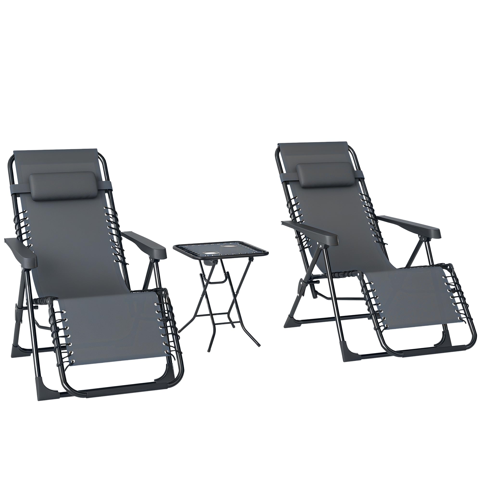 Outsunny Lot de 2 Chaise Longue gravité zéro - Ensemble transat 3 pièces avec Table d'appoint et Porte-gobelets - Bain de Soleil Pliable, Dossier réglable et Appui-tête pour terrasse, Piscine, Gris