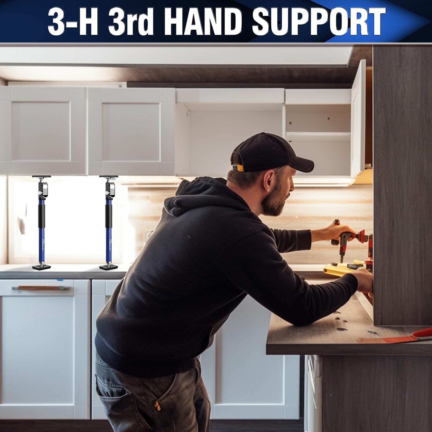 3-H Cabinet Jacks for Installing Cabinets,Thickened All-Steel Adjustable Support Pole, Heavy-Duty Third Hand Tool with Self-Locking Spring Ratchet,Dark Blue,29.5"-52" 2pc