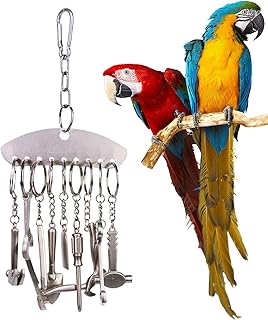 Stainless Steel Bird Toys 9.06x4.33 Inche Hand Tools Parrot Cage Boredom Relief Educational Game Interactive Puzzle Foraging Game, Chewing Bell Pendant Conures Finches Cockatoos, Lovebirds