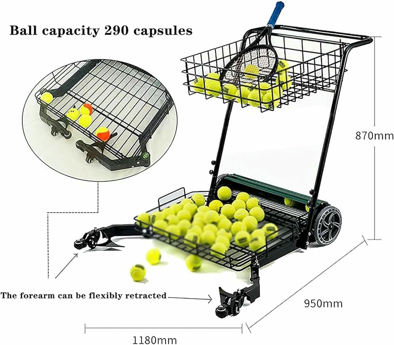 Easy Ball Collector and Hopper, carrello da allenamento per raccogliere 90 palline alla volta, può contenere fino a 290 palline da tennis