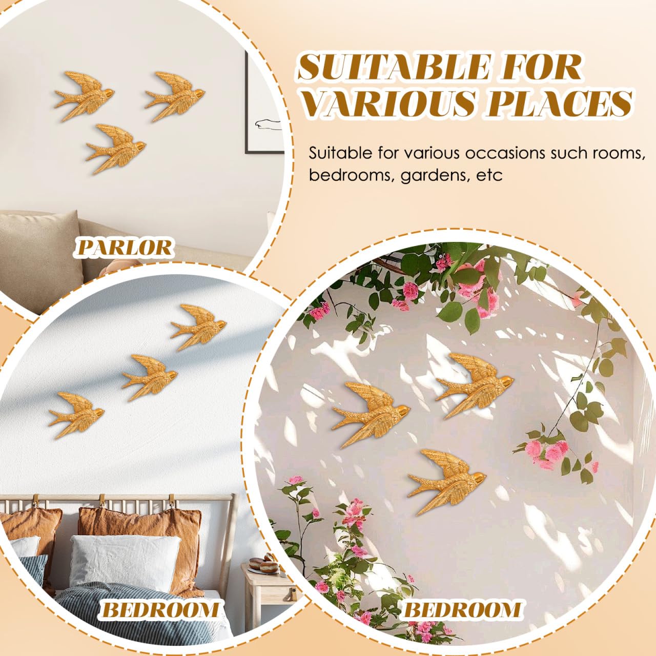 Alipis Lot de 3 sculptures murales d'hirondelle en résine dorée - Décoration murale 3D sculptée pour maison, chambre à coucher, jardin
