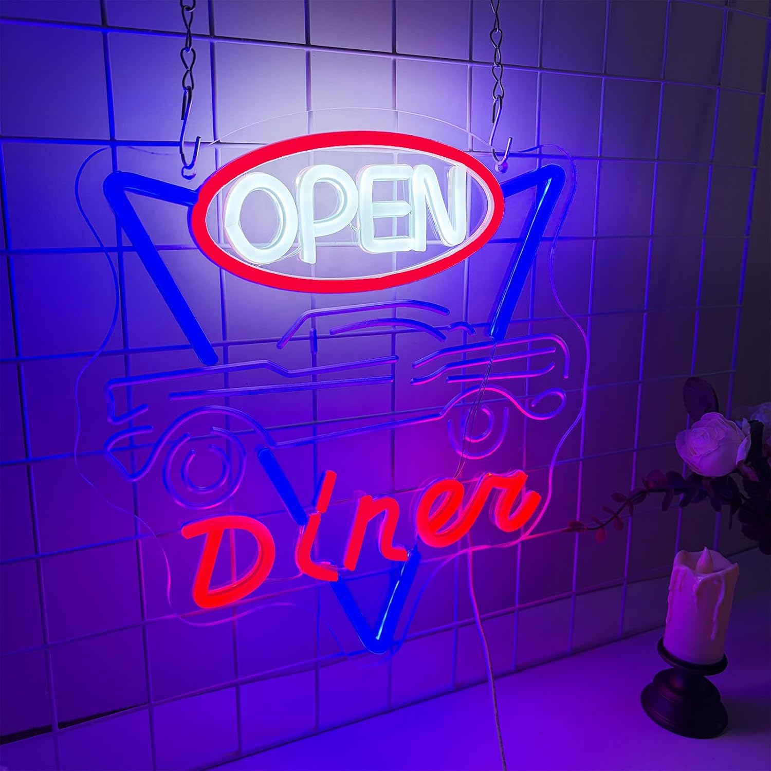 American Diner Neon Open Sign, Classic Car Neon Light LED Garage Sign USB Powered, for Commercial Decor Bar Party Bedroom Midnight Diner Decor(12.9 * 12.5 In) image 2