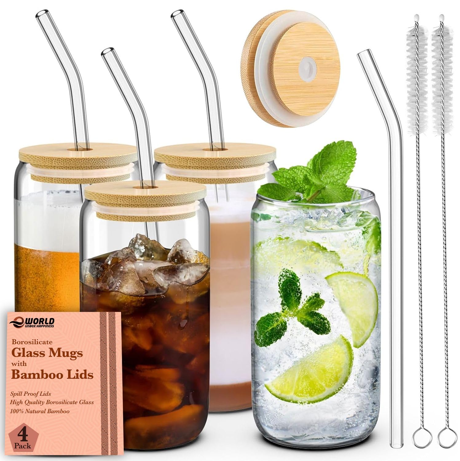 e world unbox happiness Drinking Glass s with Bamboo Lids and Glass Straw - 16oz Can Shap d Glass Cups, Ic d Coff Glass s, Tumbl r Cup, and Lid for Cocktail with 2 Cl aning Brush s. (Pack of 4).