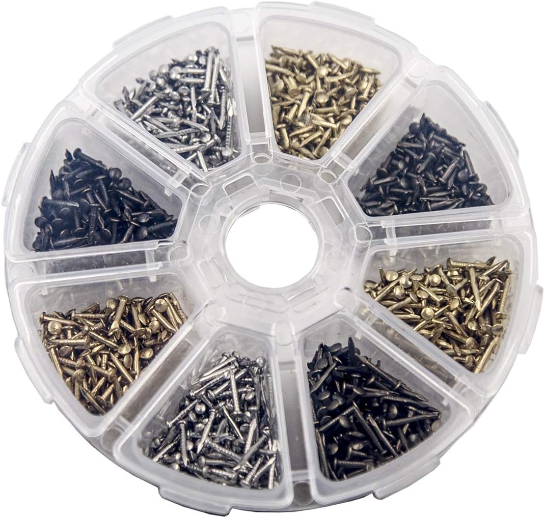 newlng 1600pcs Small Tiny Nails Wooden Screws Compact Antique DIY Decorative Box Accessories Mini Nails Gold Silver Bronze 1x6mm, 1x8mm 1x10mm Boxed