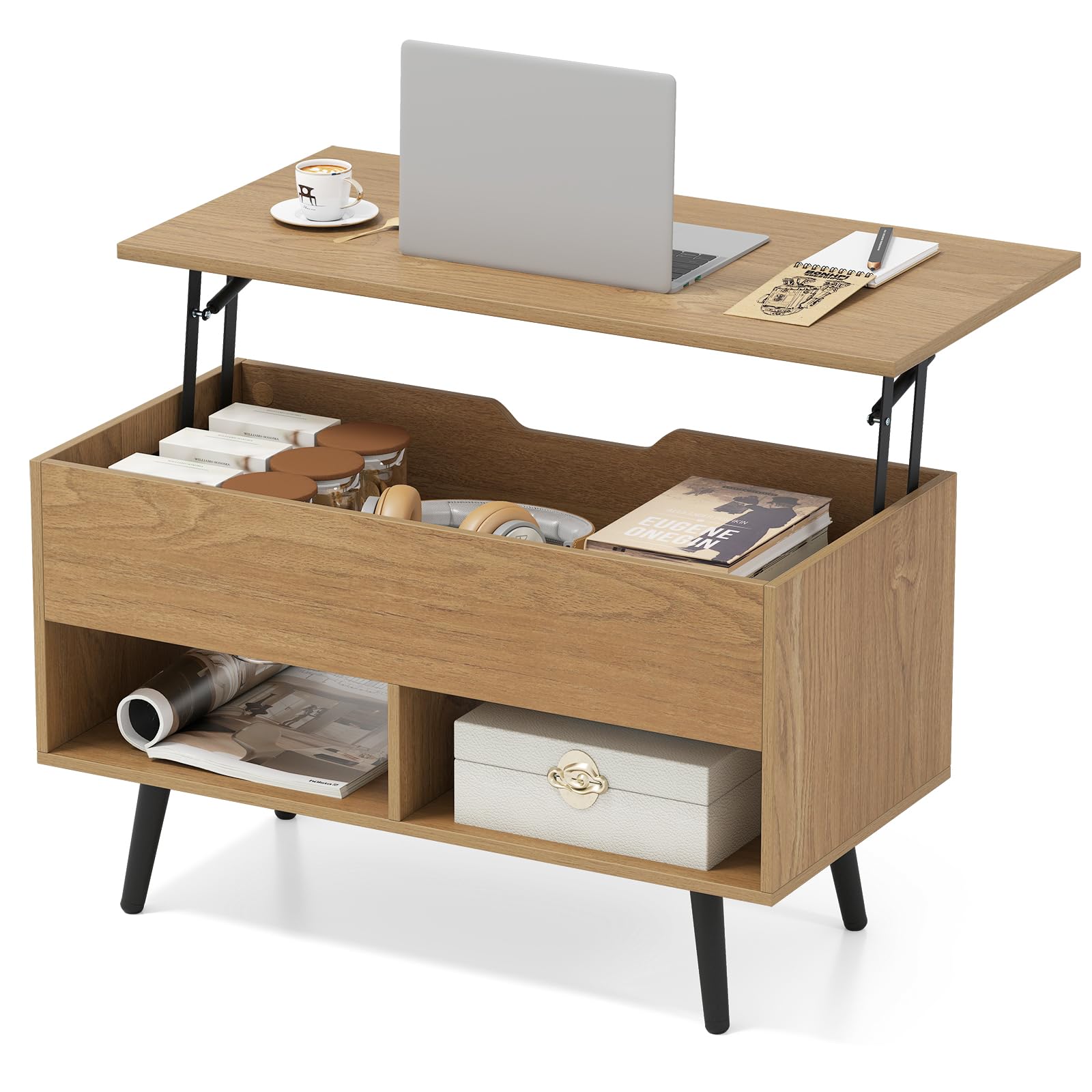 COSTWAY Tavolino da Salotto con Superficie Sollevabile, Tavolino da Caffè Moderno con Scompartimento Nascosto e 2 Ripiani, Ideale per Salone, Ufficio e Sala Riunioni (Naturale)