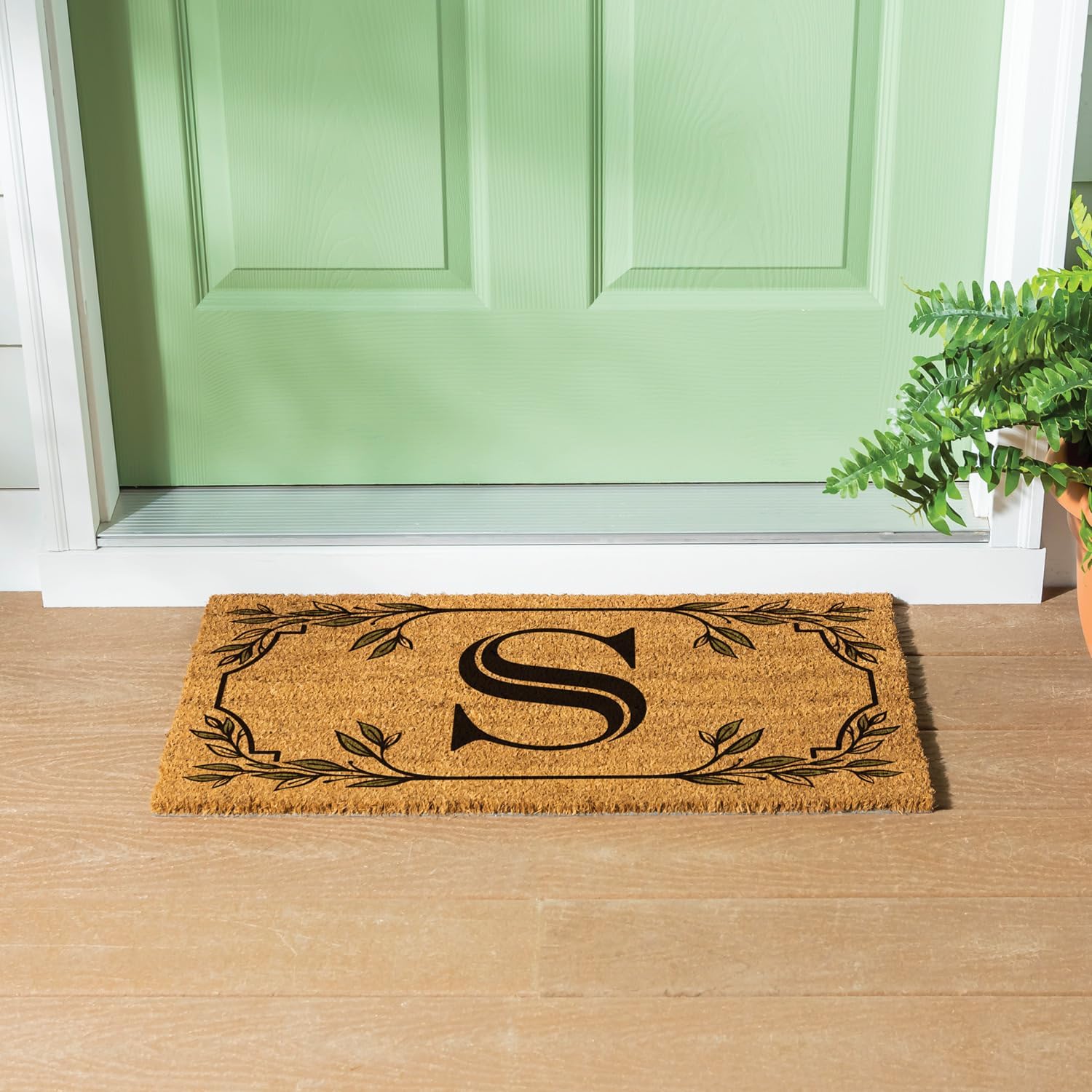 Evergreen Flag Monogram Coir Doormat | Letter S | Front Door Mat for Outdoor Indoor Entrance | 28x16 Inches | Non-Slip Backing Doorway Mat for Porch Patio Floor | New Home Decor Housewarming Gift