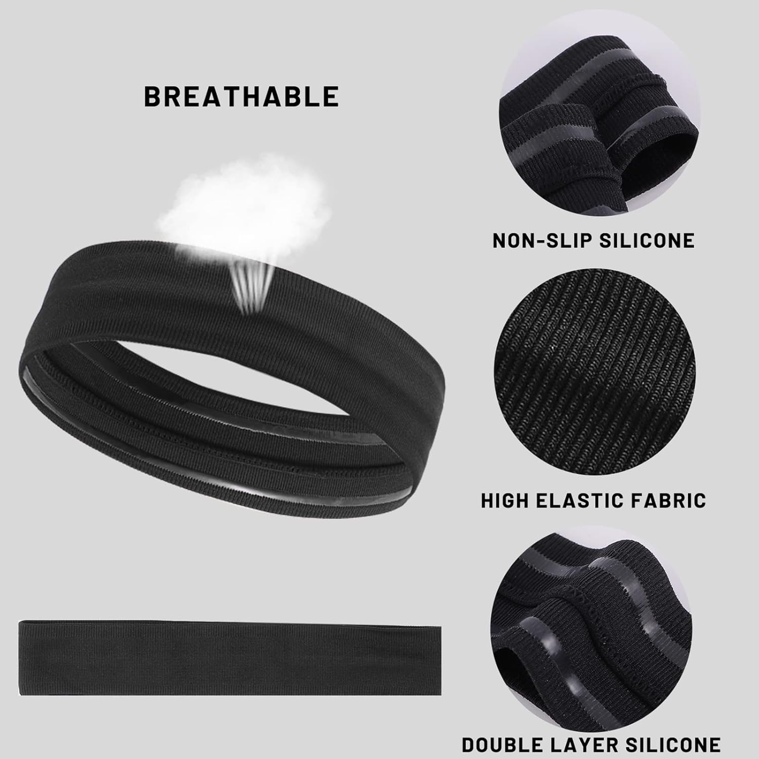 ONEYE Black Workout Headbands for Women Men Non Slip Sport Silicone Sweatbands Elastic Hair Bands Yoga Running Sports Travel Indoor Fitness Gym with 5 PCS - Image 3