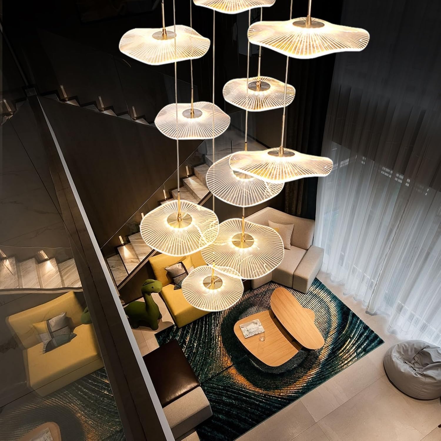 LYSDjia High ceiling chandelier dimmable modern gold lotus leaf shape Pendant Light spiral luxury linear LED lamp hanging Lamp suitable for foyer entrance staircase villa living room