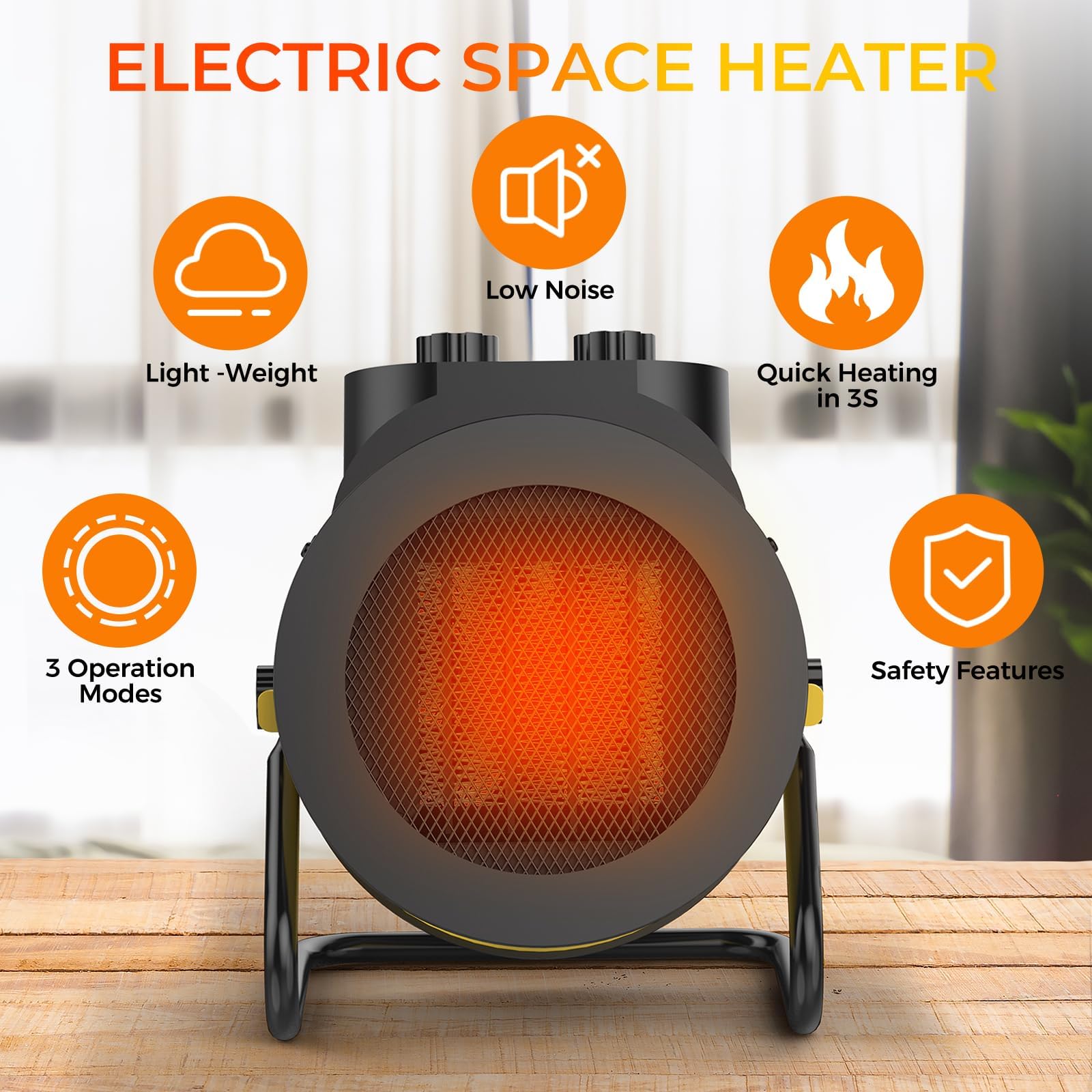 Riscaldatori per ambienti interni, riscaldamento elettrico PTC 1500W con angolo regolabile di 90°, riscaldamento rapido di sicurezza, piccolo riscaldatore portatile per ufficio e casa (giallo)