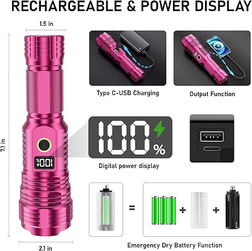 Miniatura 3 de Linternas recargables de alto lúmenes, luz LED súper brillante de luz de luz larga, linternas con zoom con pantalla digital LCD, 5 modos,