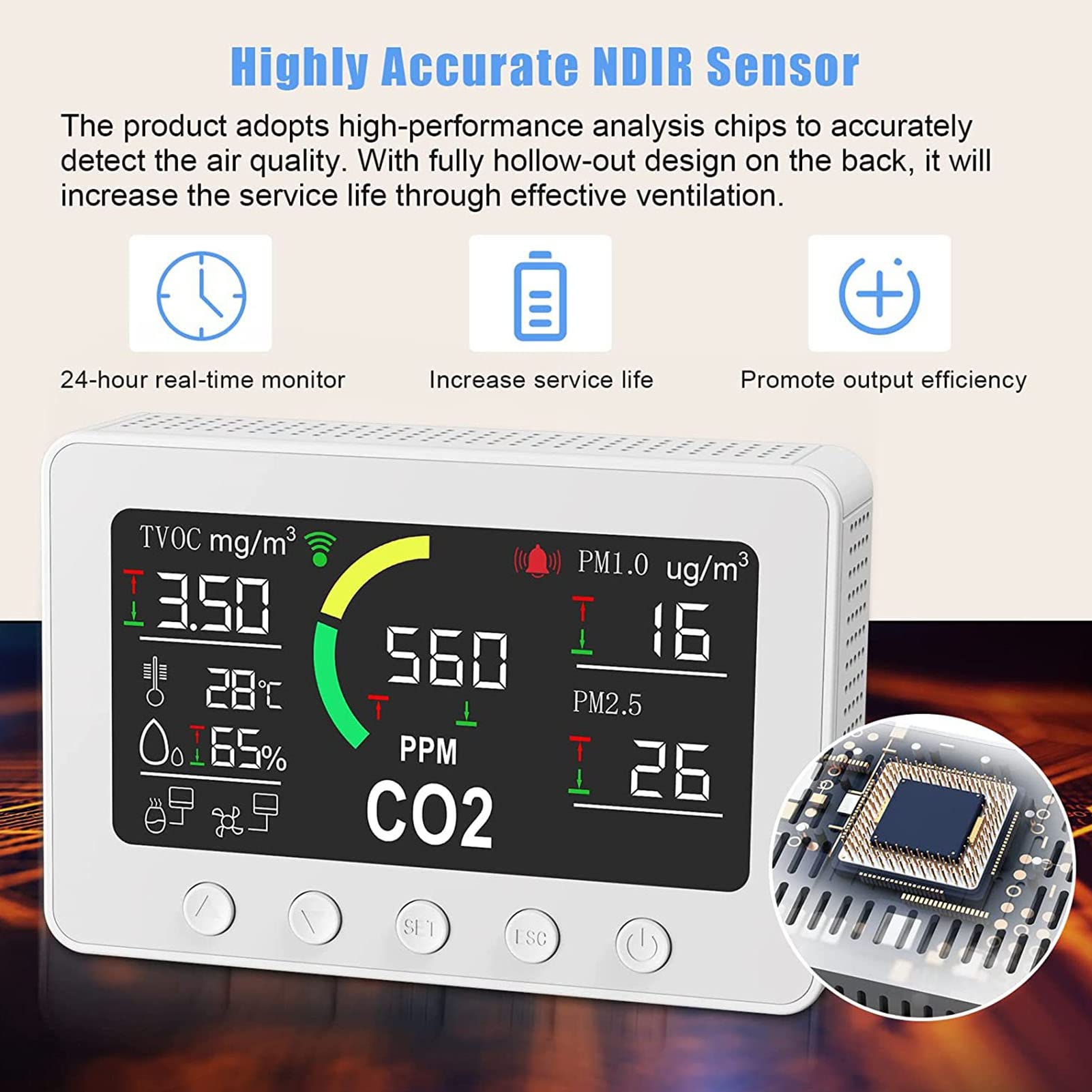 Socobeta Monitor Jakości Powietrza w Pomieszczeniu 7 w 1 z Dużym Ekranem LCD CO2 TVOC PM2.5 Detektor Temperatury i Wilgotności dla Domowej Kuchni Szklarnia Biurowa (Wtyczka UE)