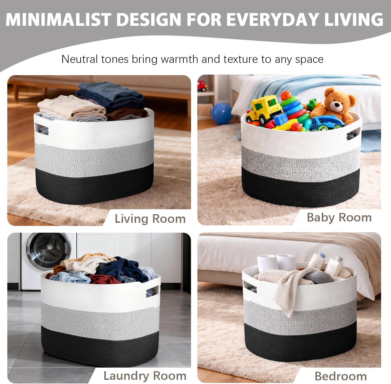 120L Extra Large Blanket Basket, XXXL Woven Cotton Rope Storage Basket for Pillows, Clothes & Laundry, Oversized Toy Storage Basket with Handles for Living Room, Kids Room & Bedroom (Black/White)