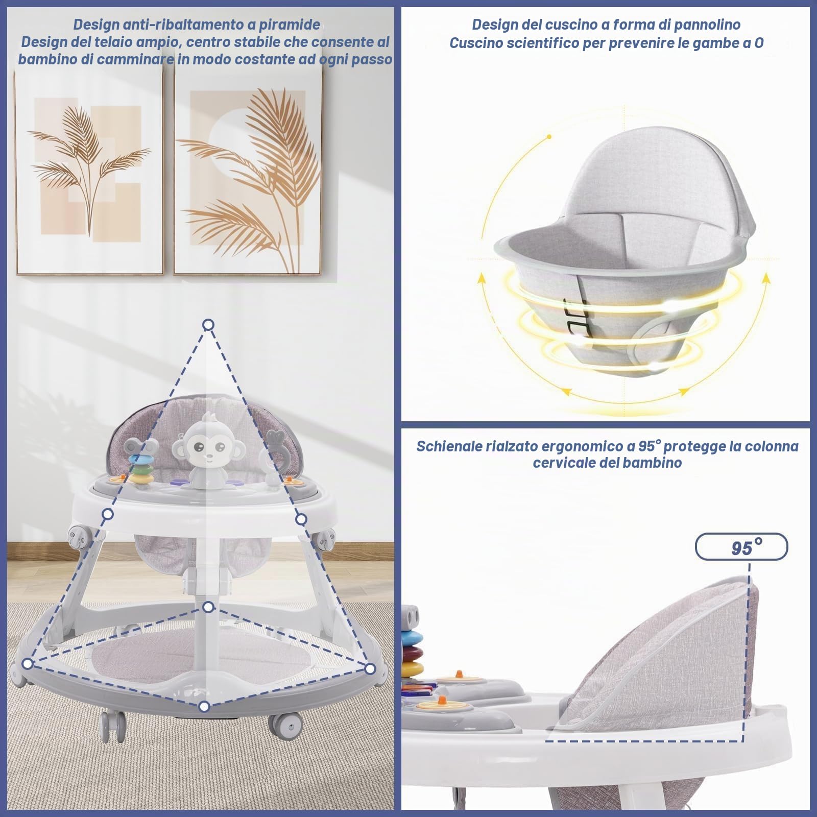 Girello antiribaltamento in plastica didattico Montessori musicale Giocattolo da esterno 4 in 1 Girello Ausilio per camminare in piedi Ragazza Grigio