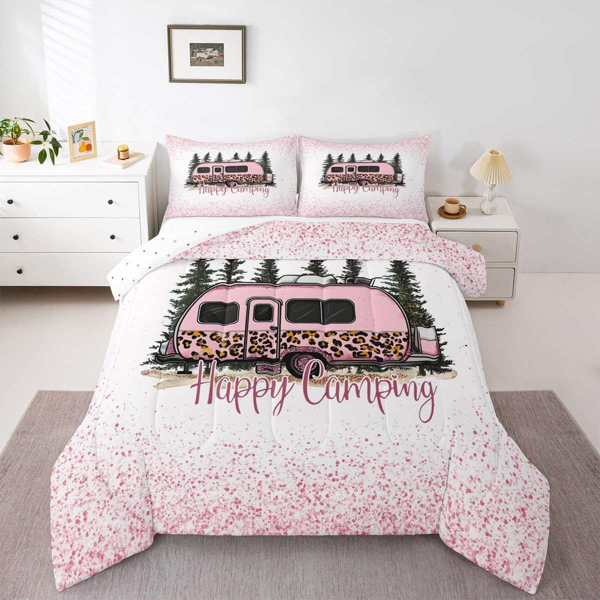 Happy Camping Comforter Set Queen Size Cartoon Camper Car Bedding Comforters Farmhouse Nature Theme Down Alternative Fashion Modern Duvet Quilt with 2 Pillowcases, Pink White