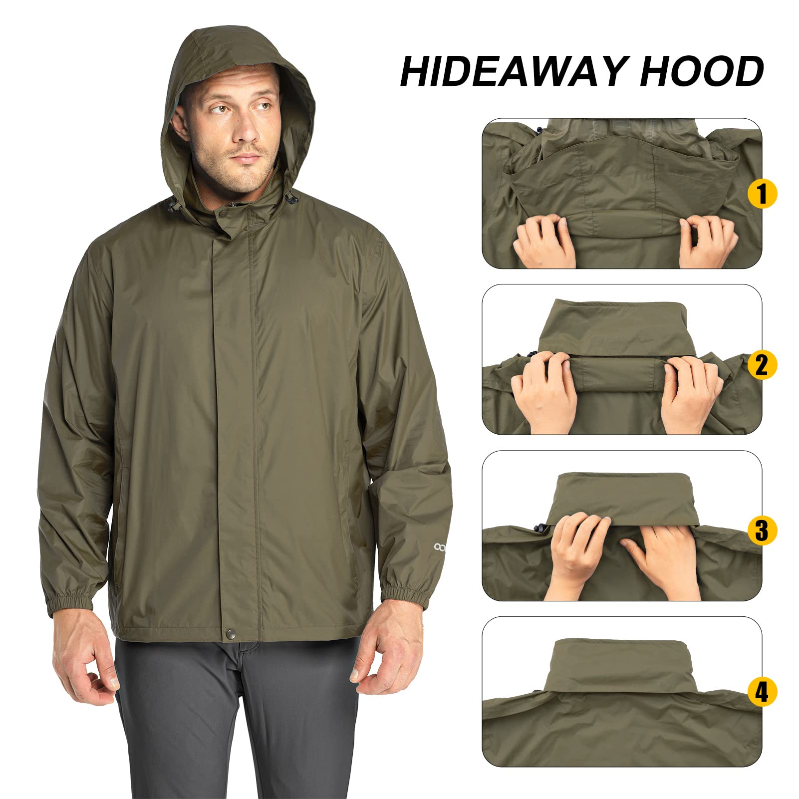 33,000ft Chaqueta de lluvia plegable para hombre ligera e impermeable con capucha plegable, Verde, XXL
