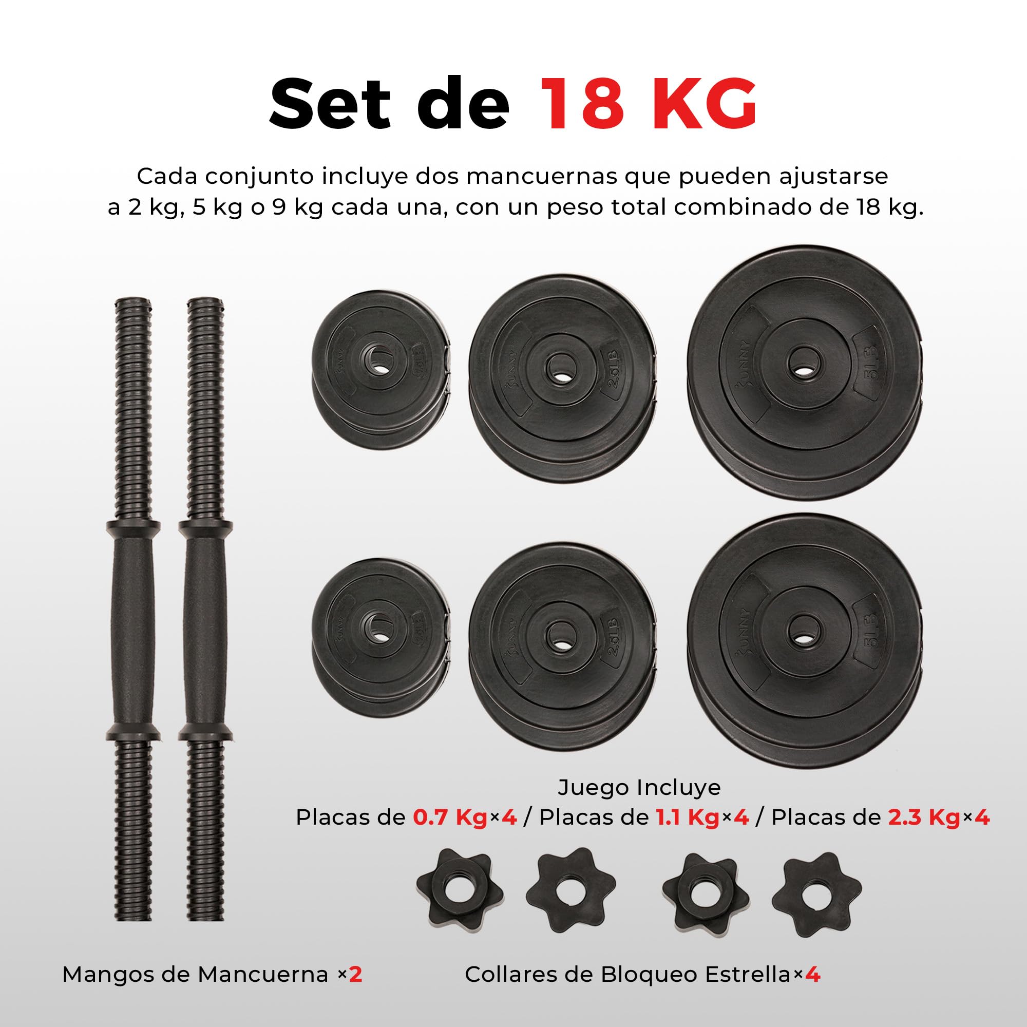 Sunny Health & Fitness Sunny Health & Fitness 18 KG, Vinyl Dumbbell Set Mancuernas, Unisex, Negro, Talla única