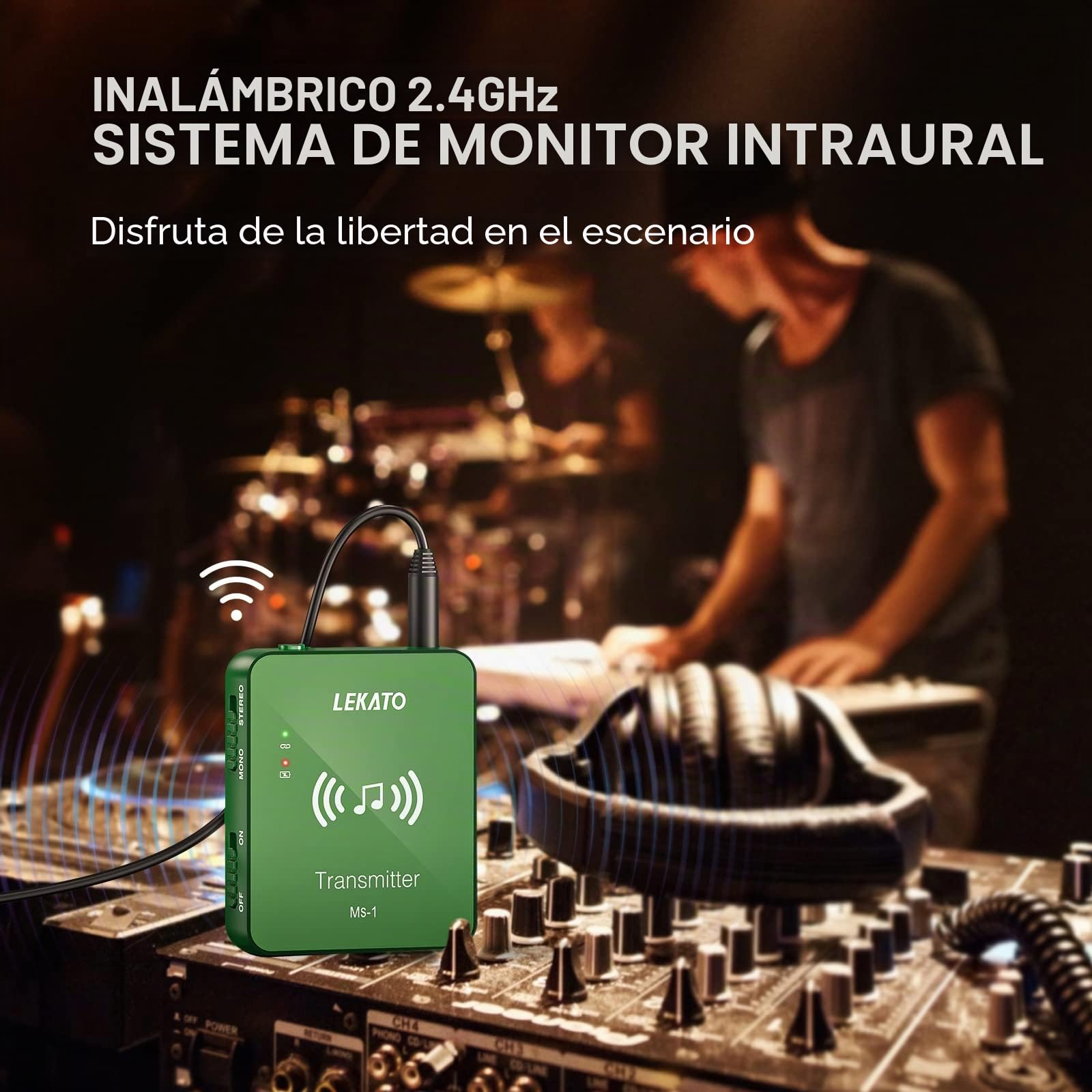 LEKATO MS-1 Sistema inalámbrico de monitores en el oído Transmisor y Receptor de petaca Emparejamiento automático Sistema IEM inalámbrico de 2,4 GHz para Estudio (Verde)