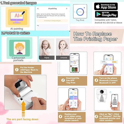 Miniatura 4 de AngelReally Mini impresora Bluetooth de bolsillo, impresora térmica portátil con 13 rollos de papel para diarioálbum de recortes de bricolaje,